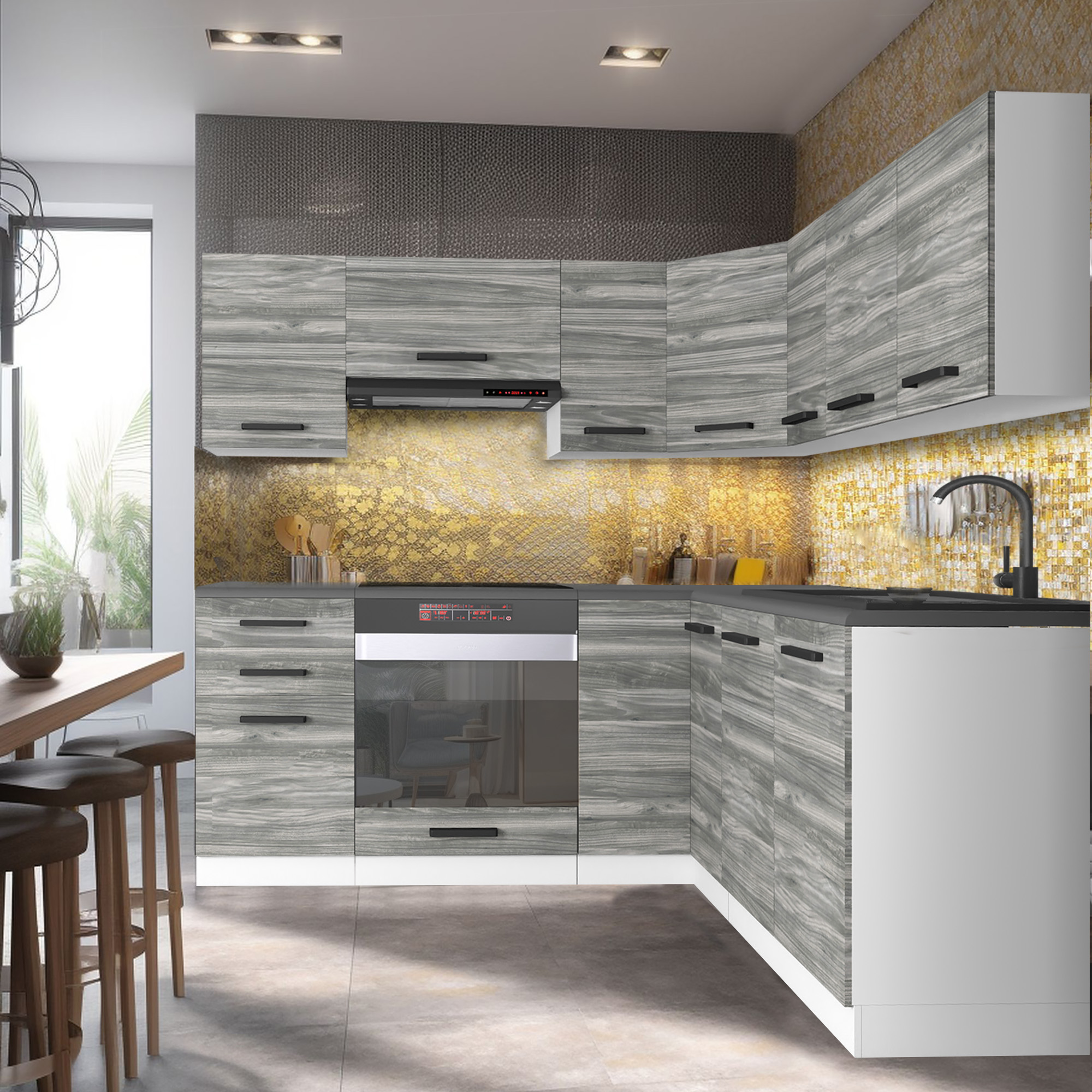 Kompakte Küche mit grauen Holzmöbeln und goldener Wand