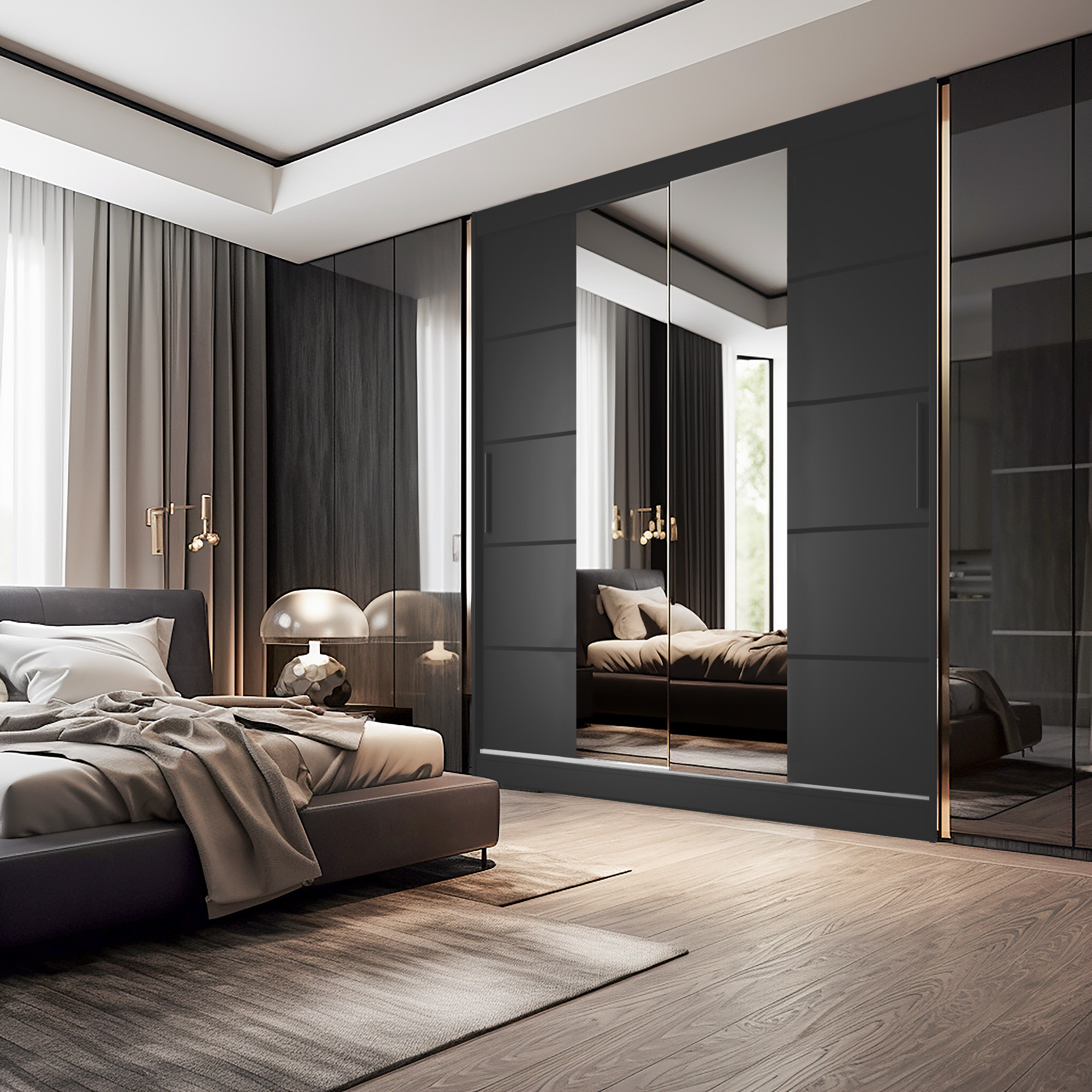 Ruhiges, elegantes Schlafzimmerdesign mit Spiegelkleiderschrank