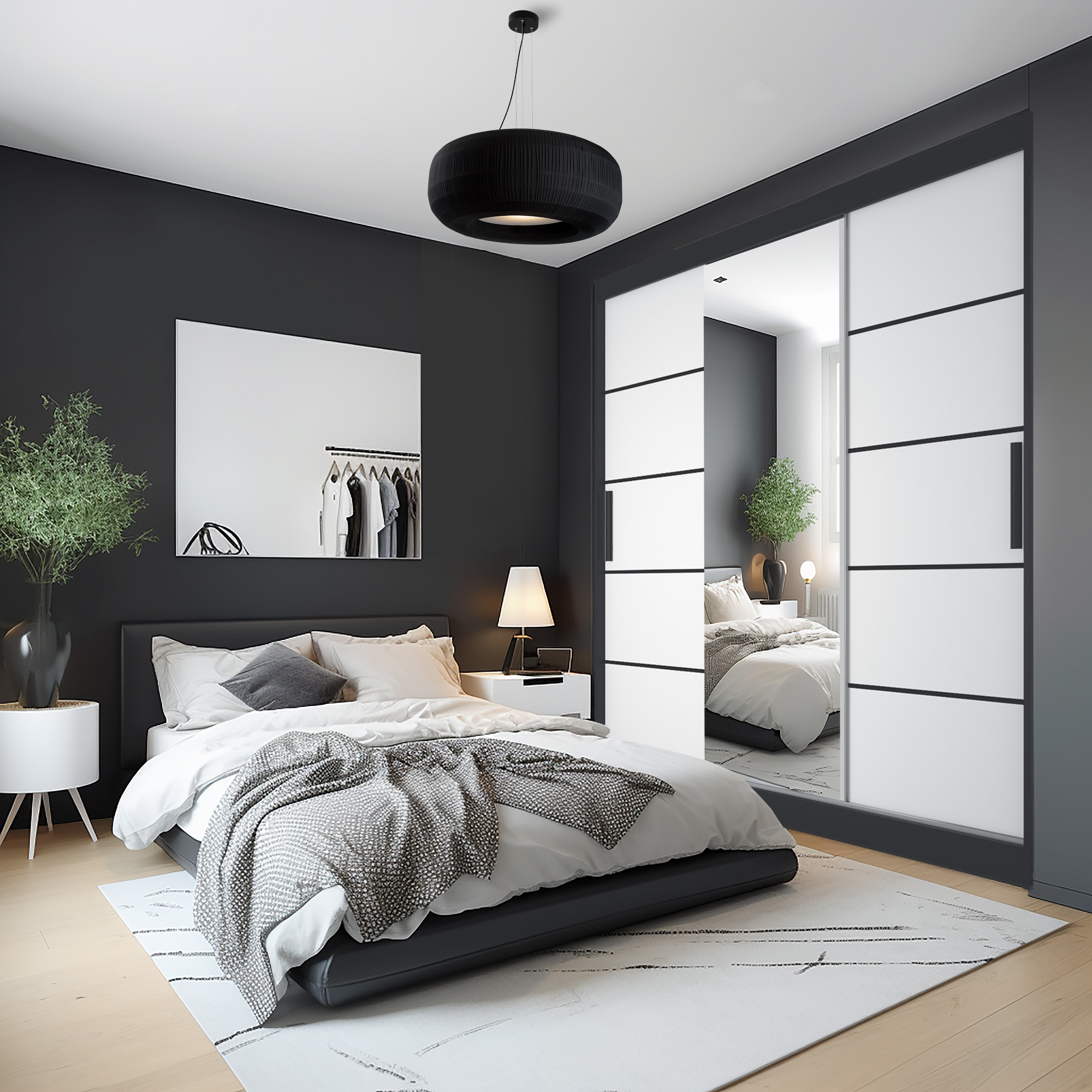 Schlafzimmer mit Schiebetür-Kleiderschrank und Polsterbett