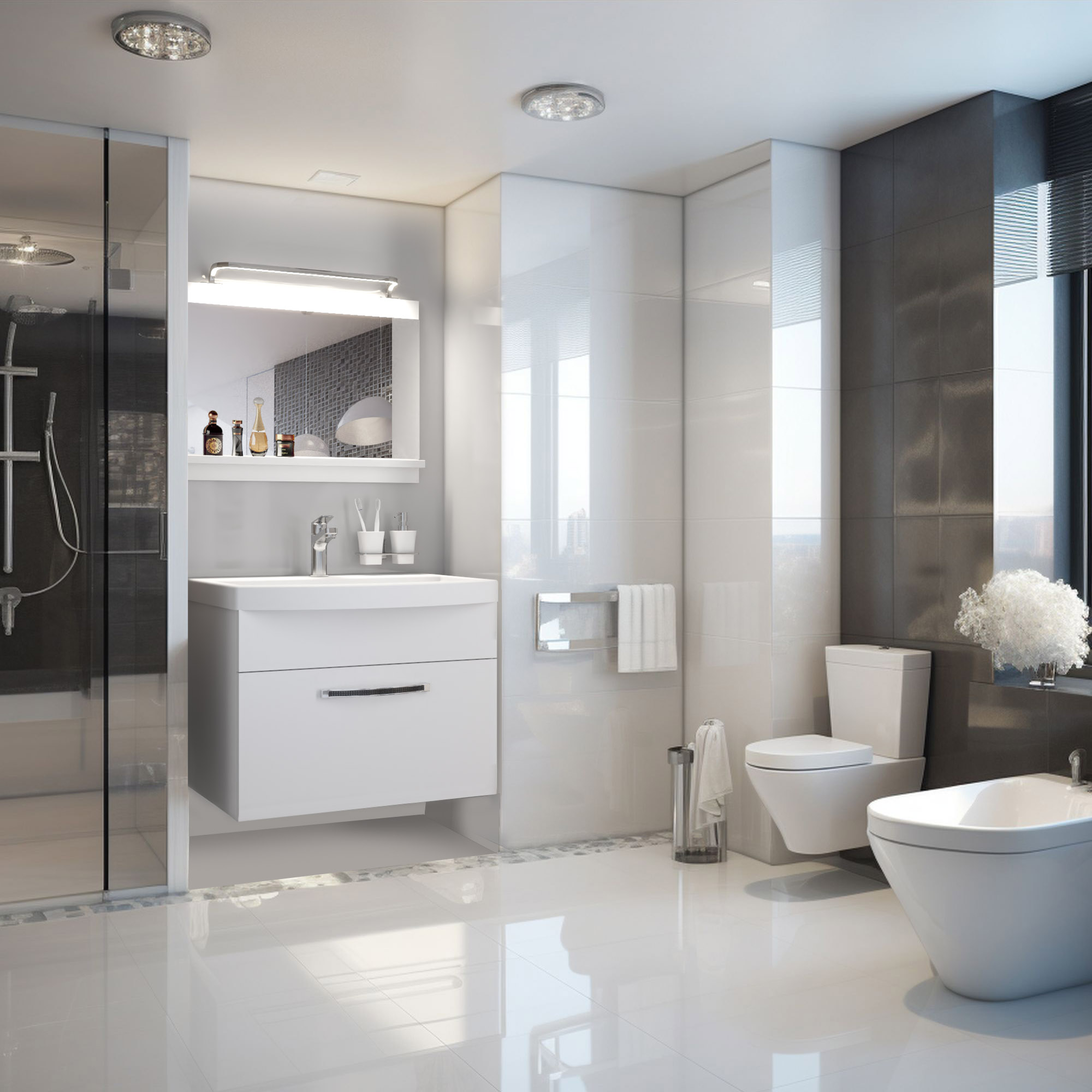 Modernes Badezimmer mit beleuchtetem Spiegel