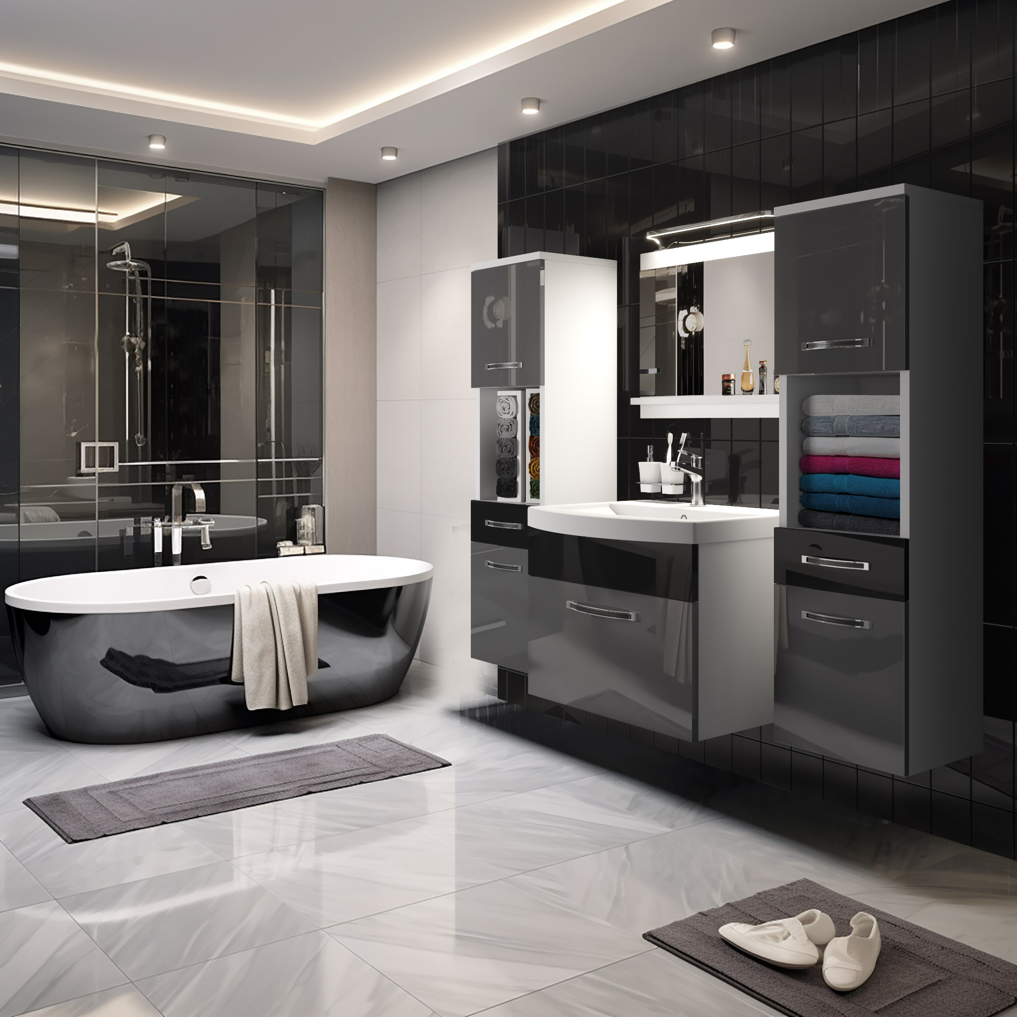 Badezimmer mit schwarzen Fliesen und weißer Badewanne