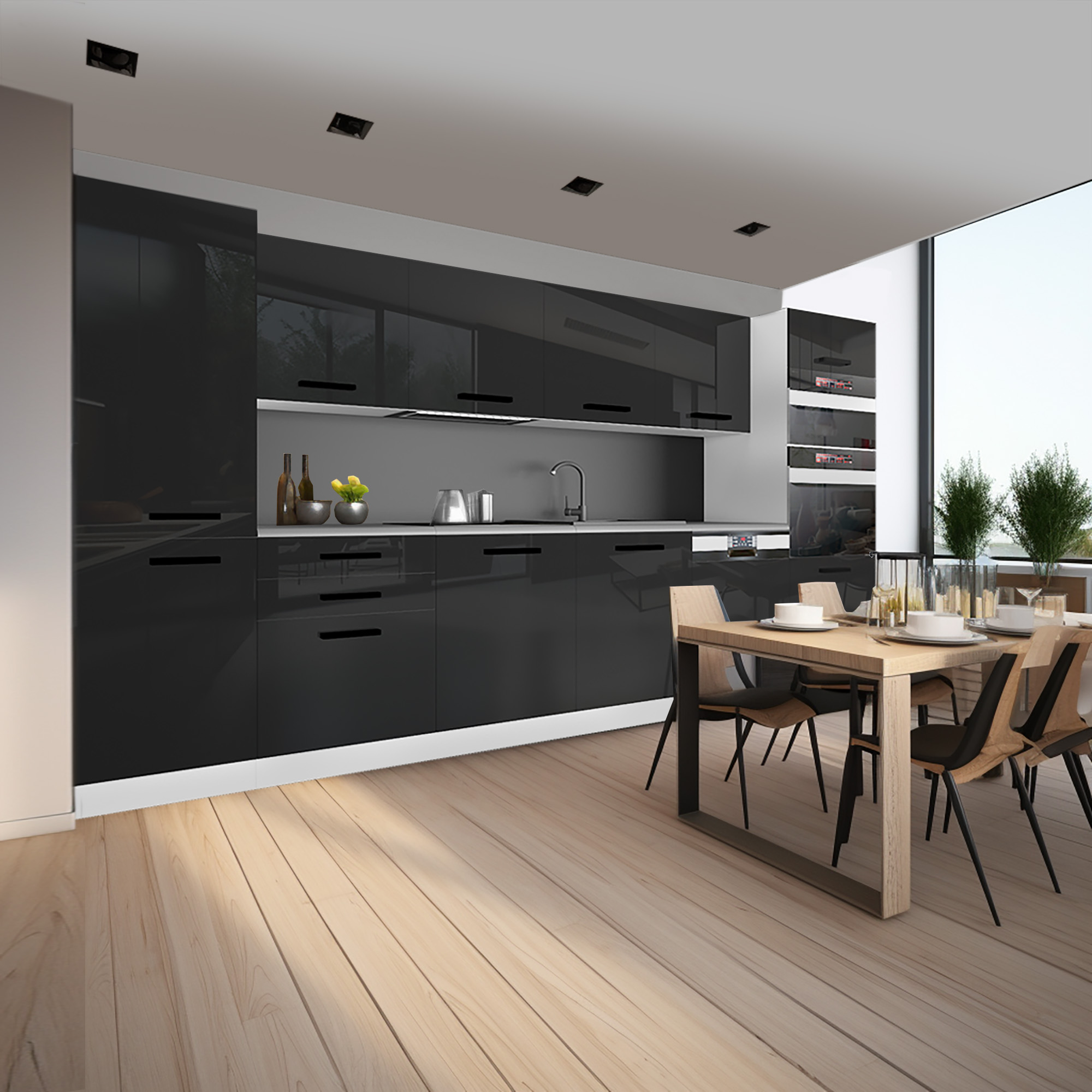 Moderne Küche mit großem Esstisch aus hellem Holz