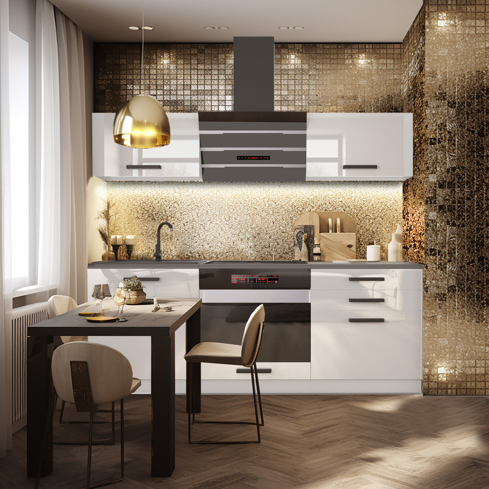Weiße Hochglanzküche mit goldener Mosaikwand und Tisch