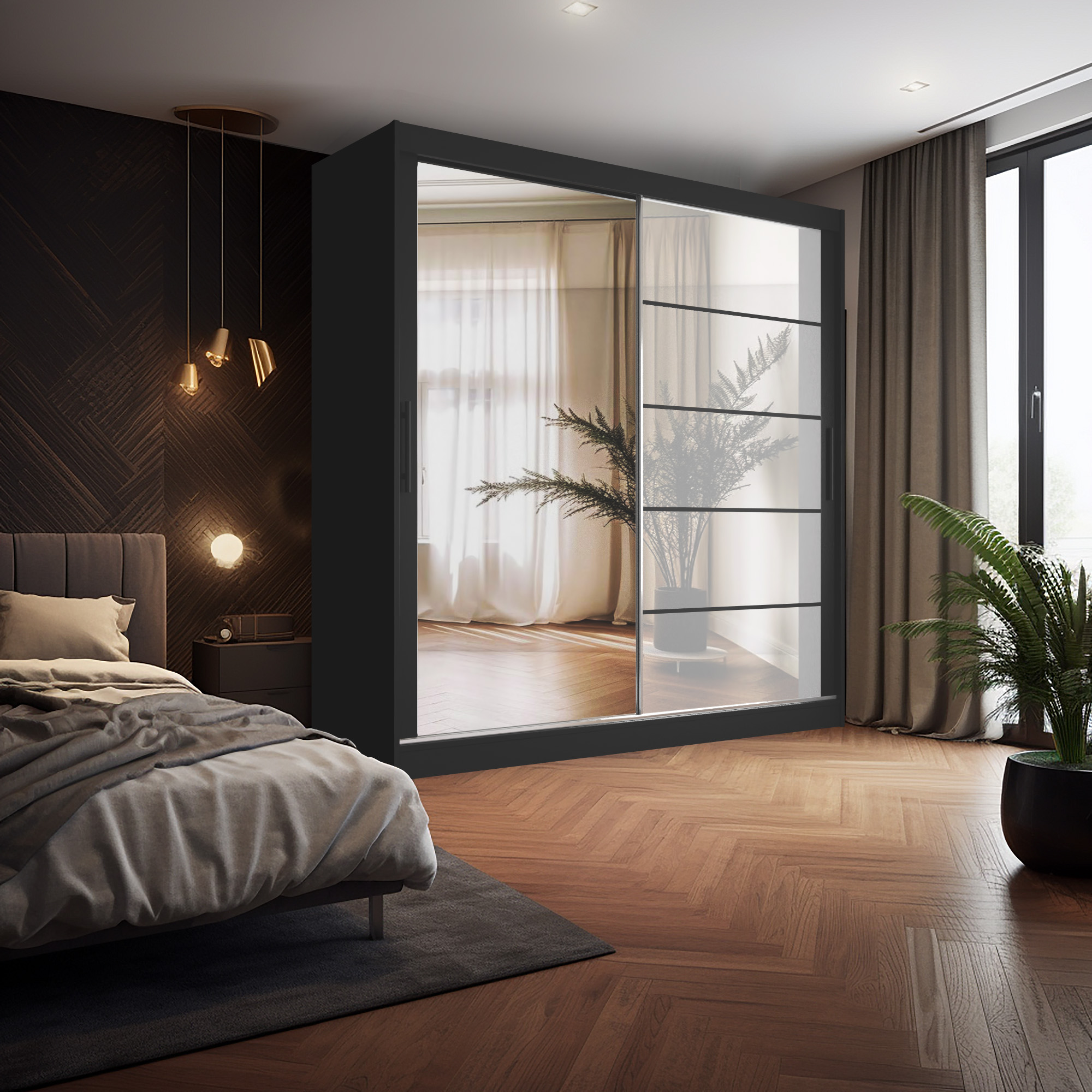 Schlafzimmer mit Kleiderschrank und Pflanzen