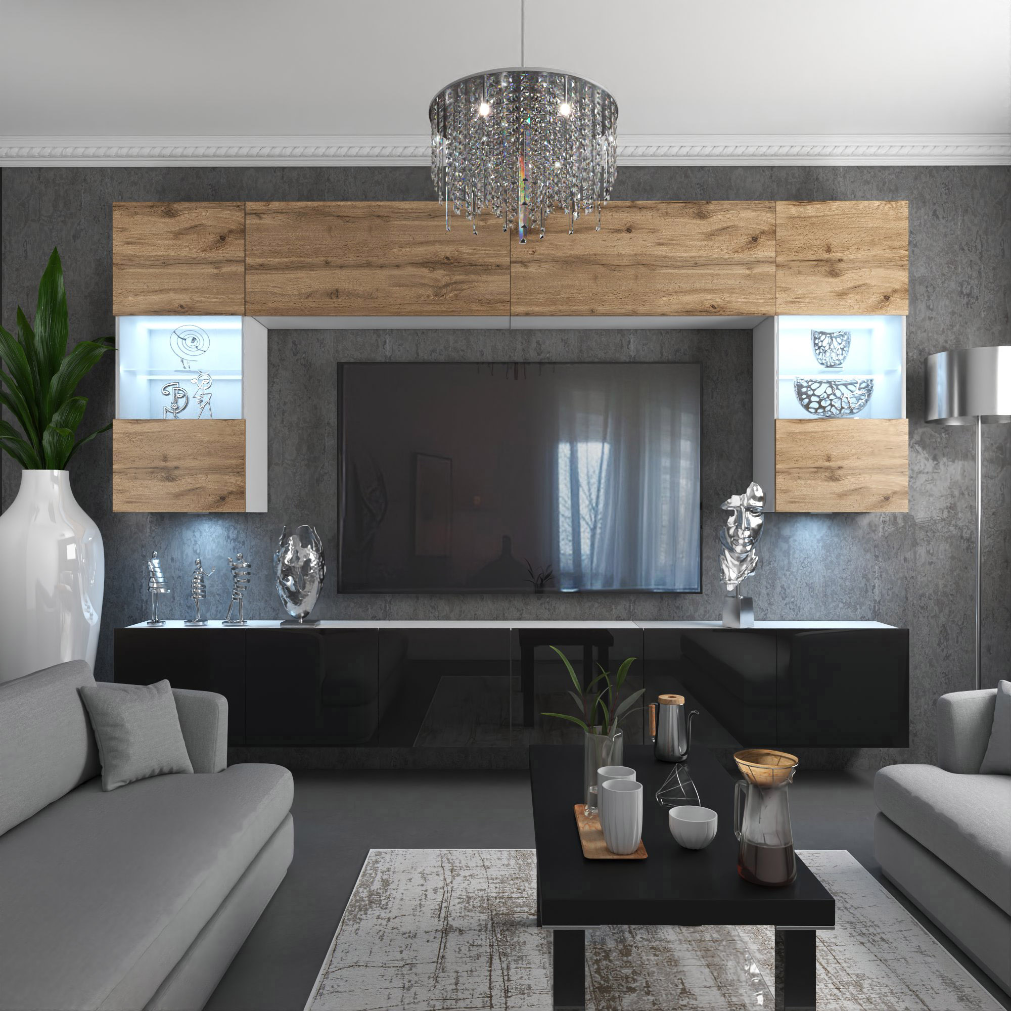 TV-Wand mit LED-Vitrinen, Holz und Schwarz im Wohnzimmer