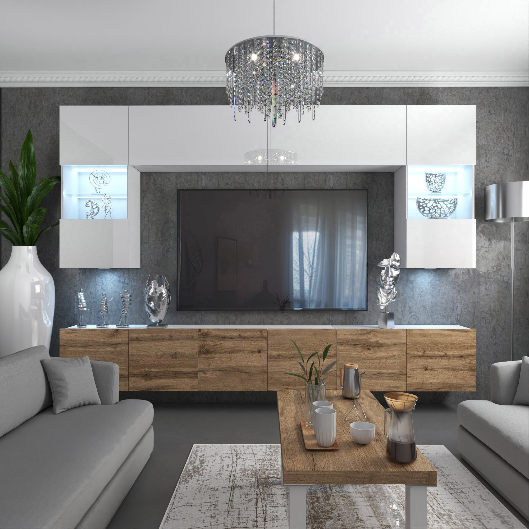 Elegantes Wohnzimmer mit hellen und dunklen Möbeln