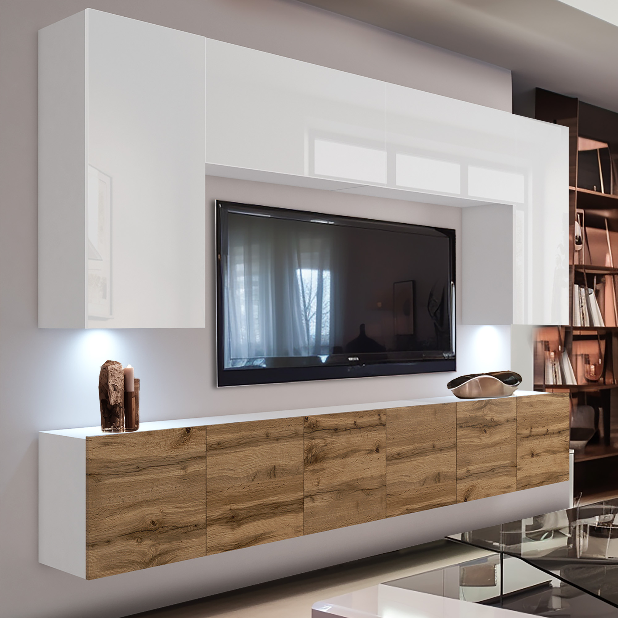Wohnzimmer-Medienwand Weißglanz und Eiche mit LED