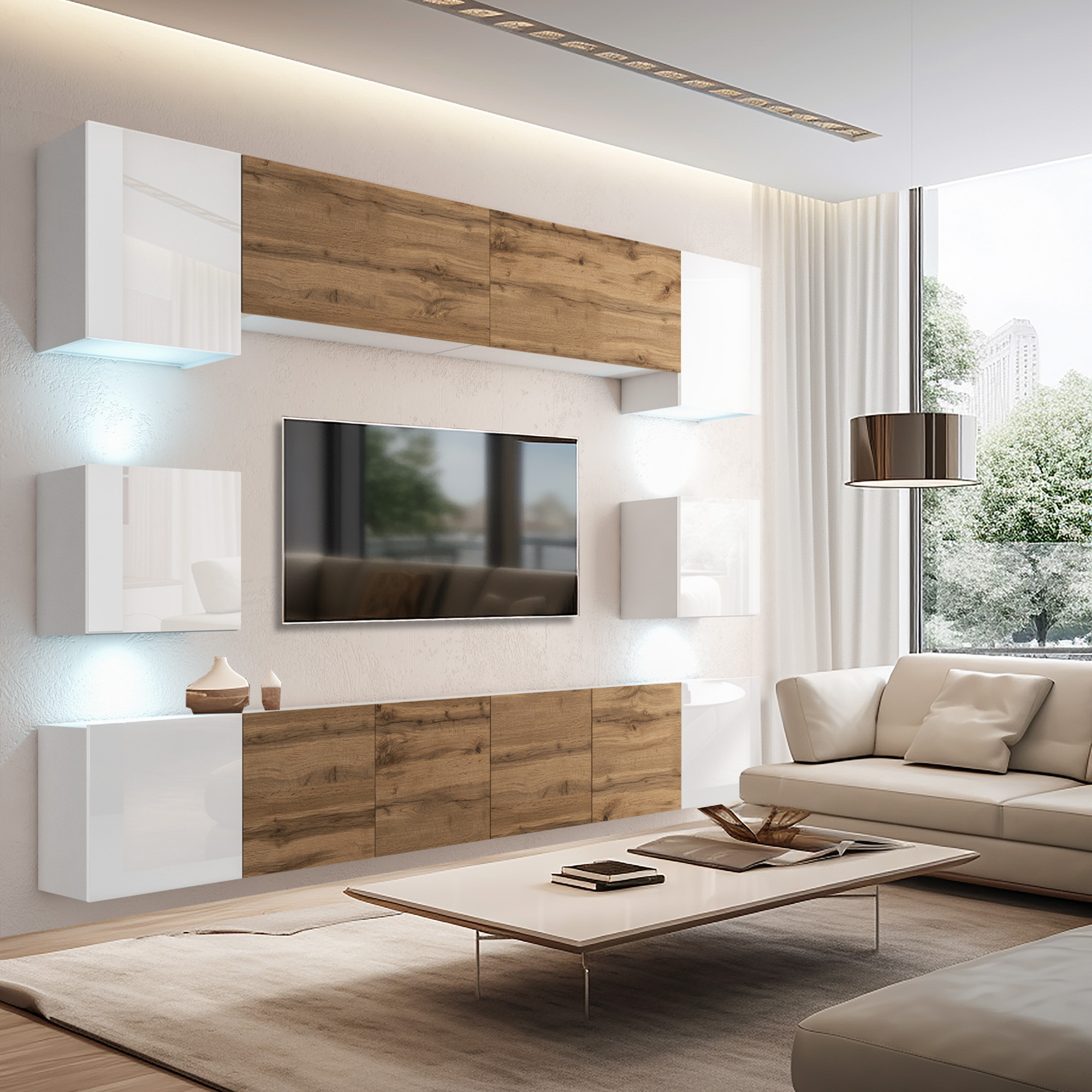 Stilvolles Wohnzimmer mit Holz- und Weißakzenten