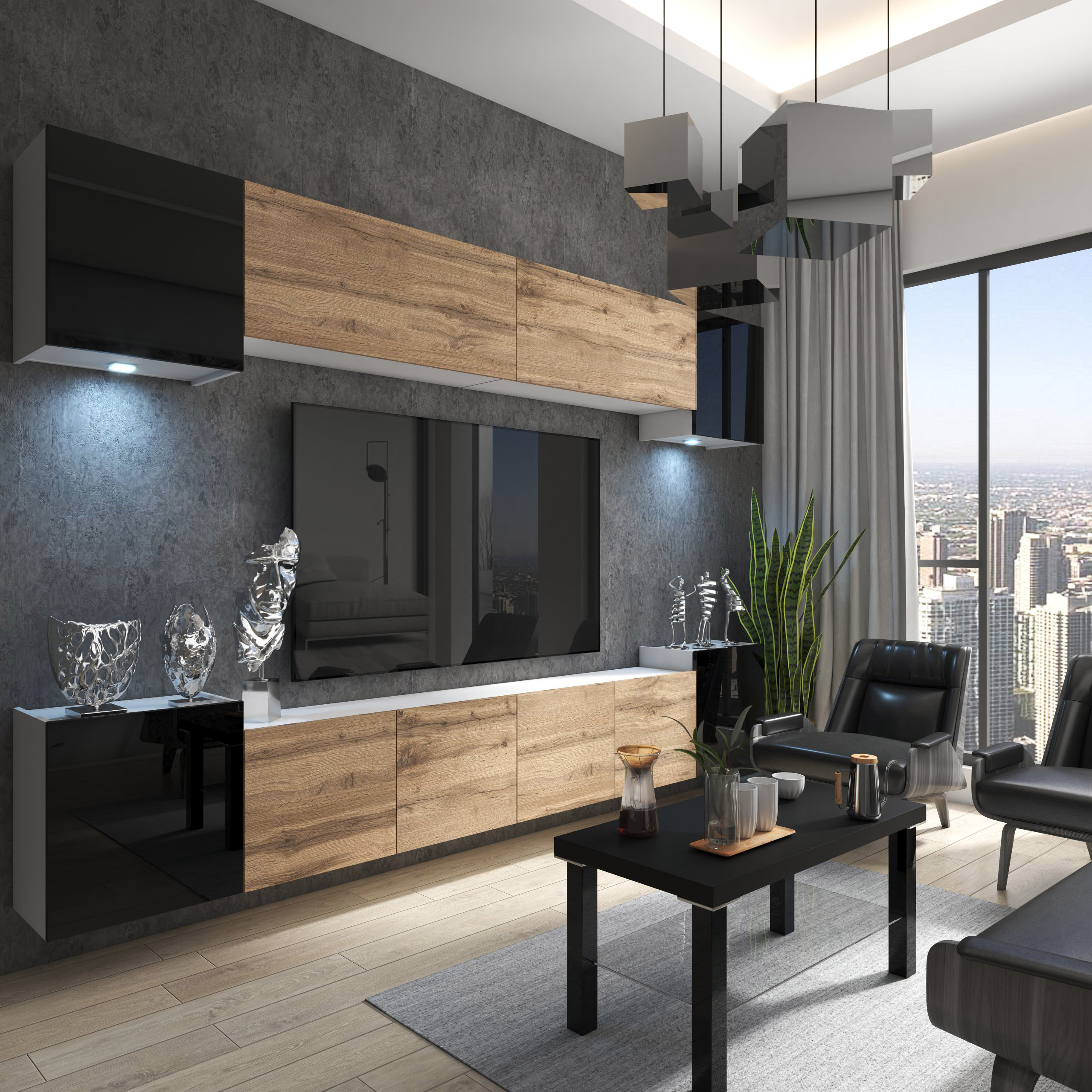 Wohnzimmer mit Holzmöbeln und urbanem Ausblick