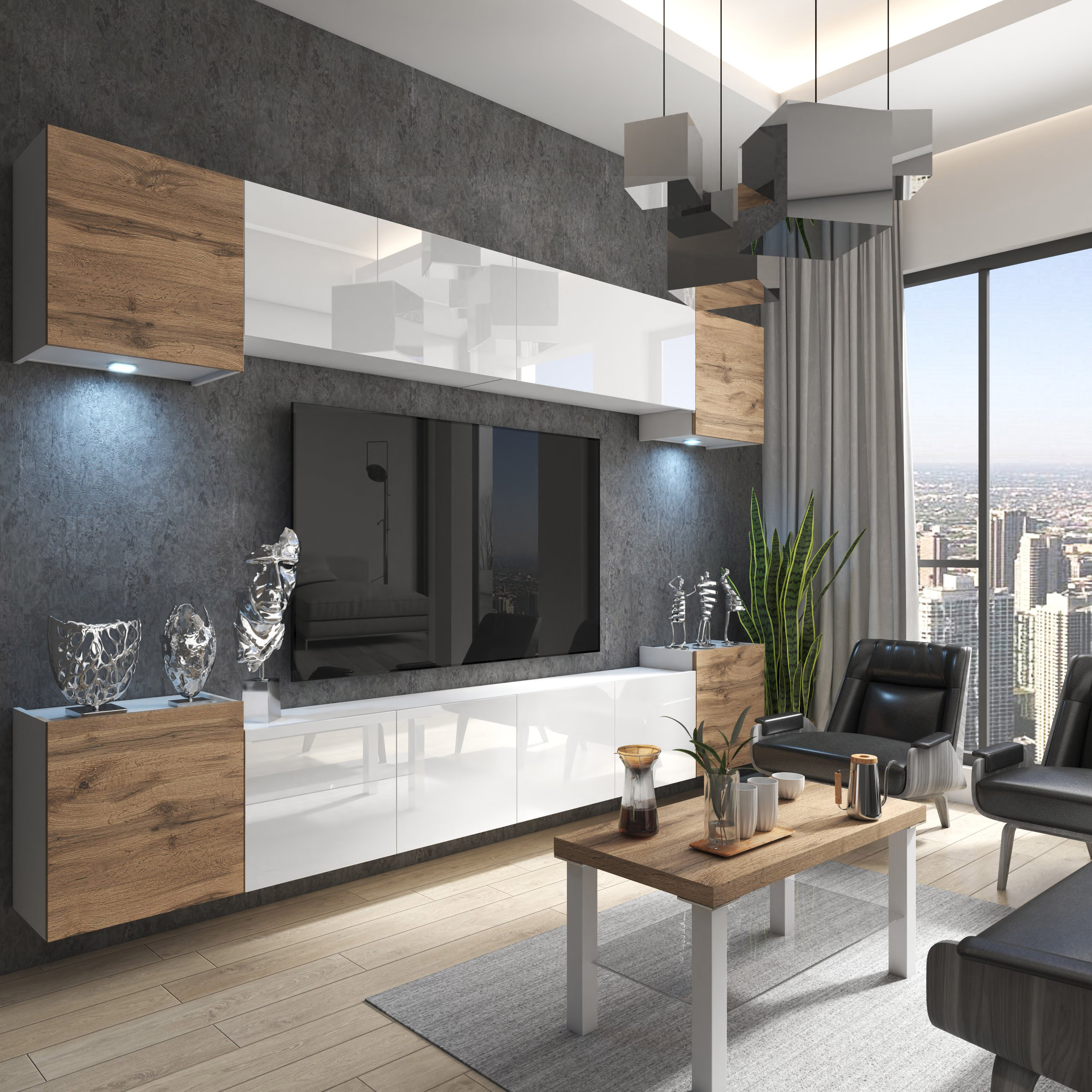 Wohnzimmer mit weißer Wohnwand, Holz und Stadtblick