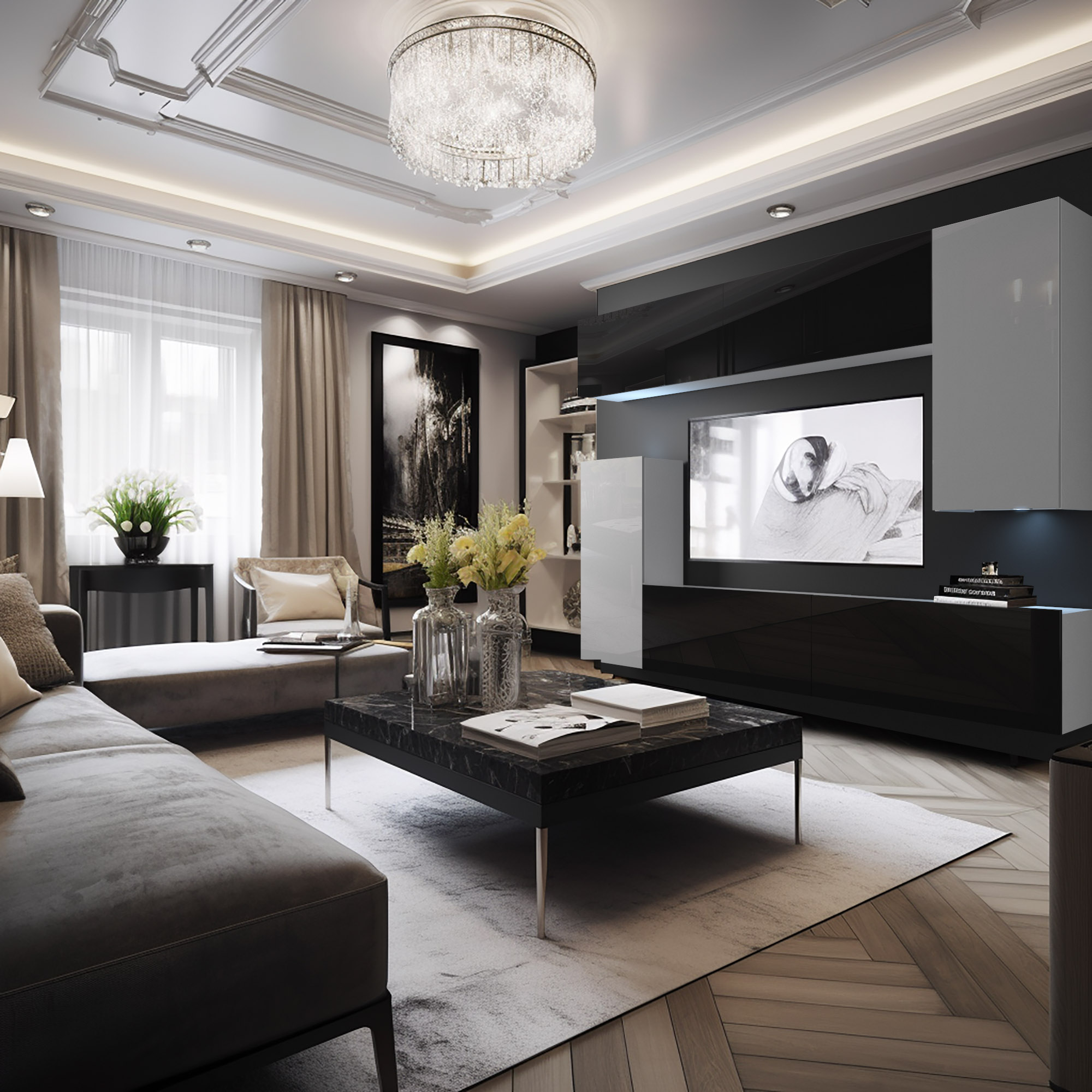 Wohnzimmer mit stilvollen Möbeln und Beleuchtung