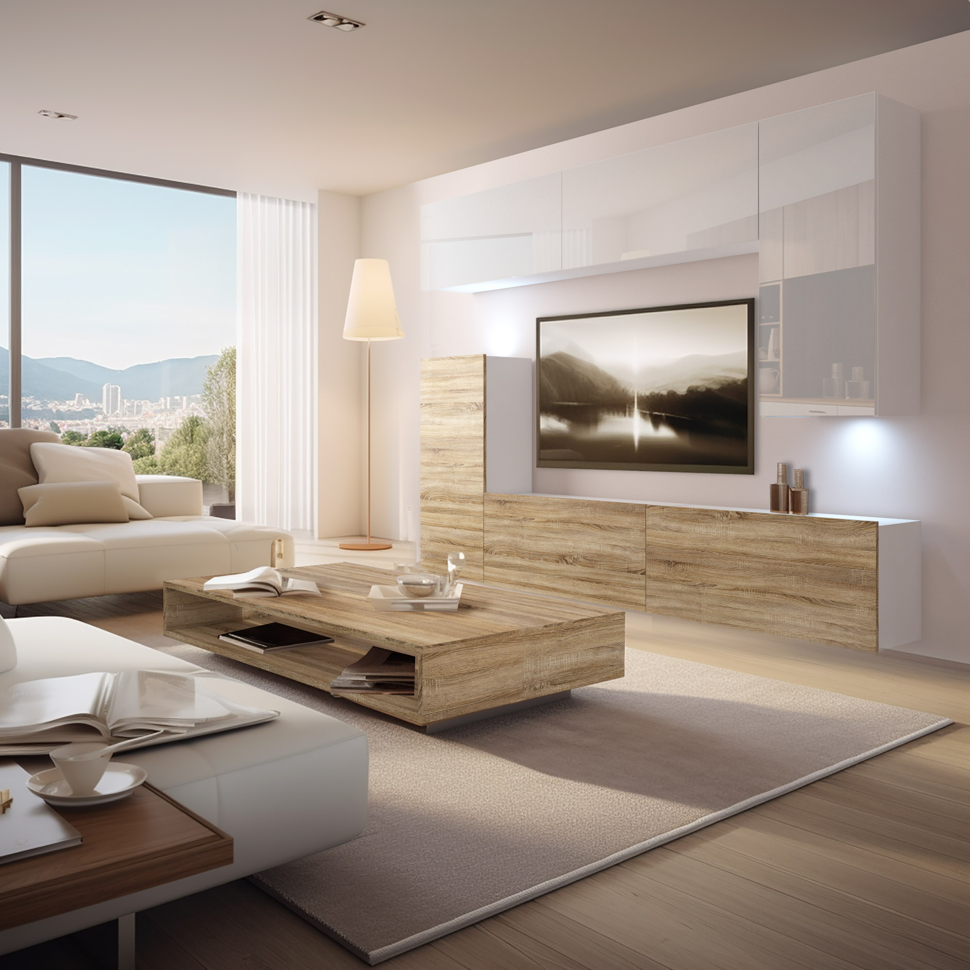 Helles Wohnzimmer mit schwebender Wohnwand und Couchtisch