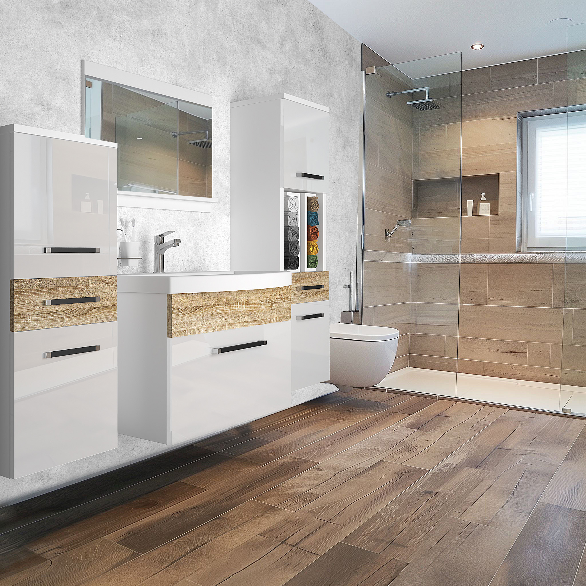 Modernes Badezimmer mit Holz- und Weißakzenten