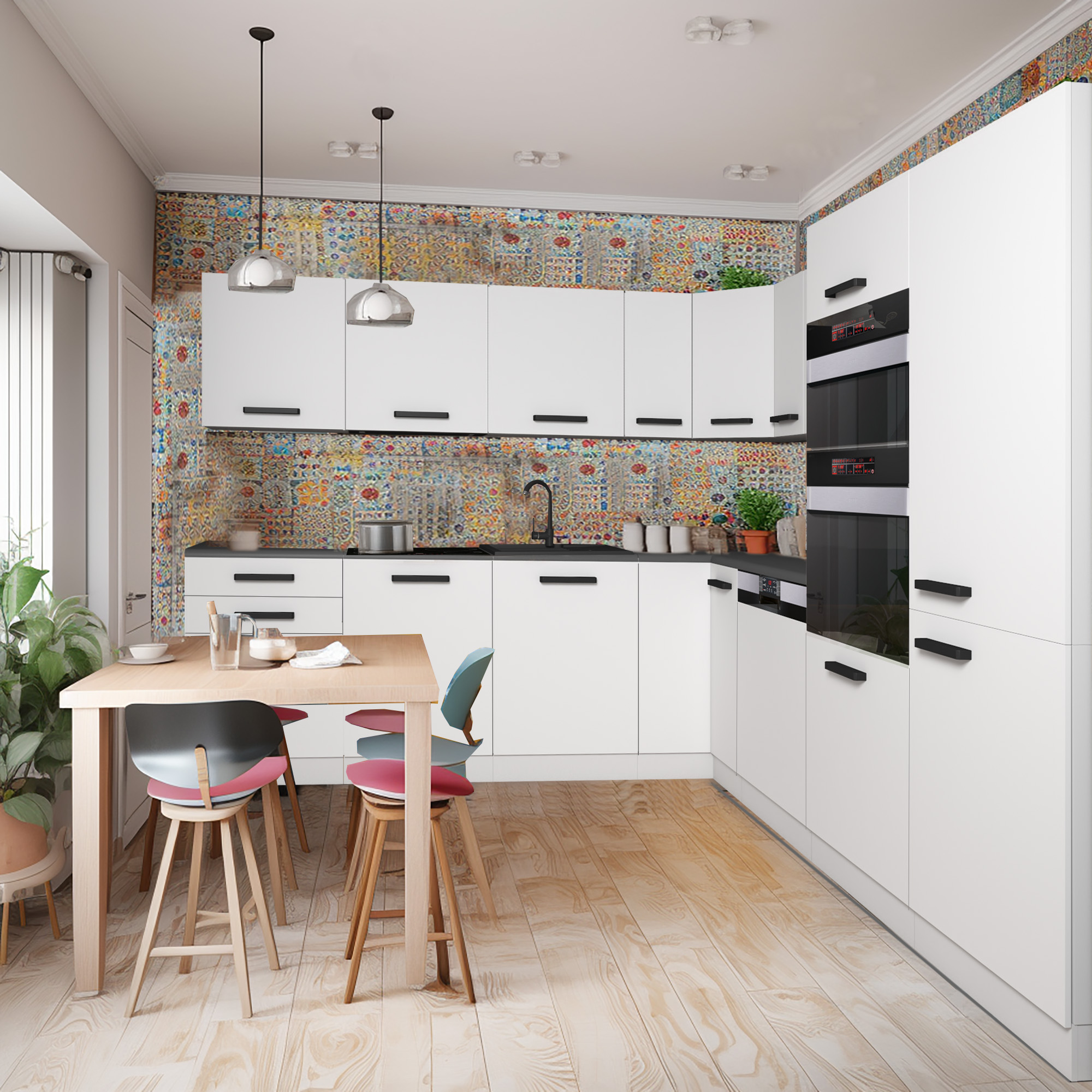 Weiße L-Küche mit Patchwork-Fliesenspiegel und Tisch