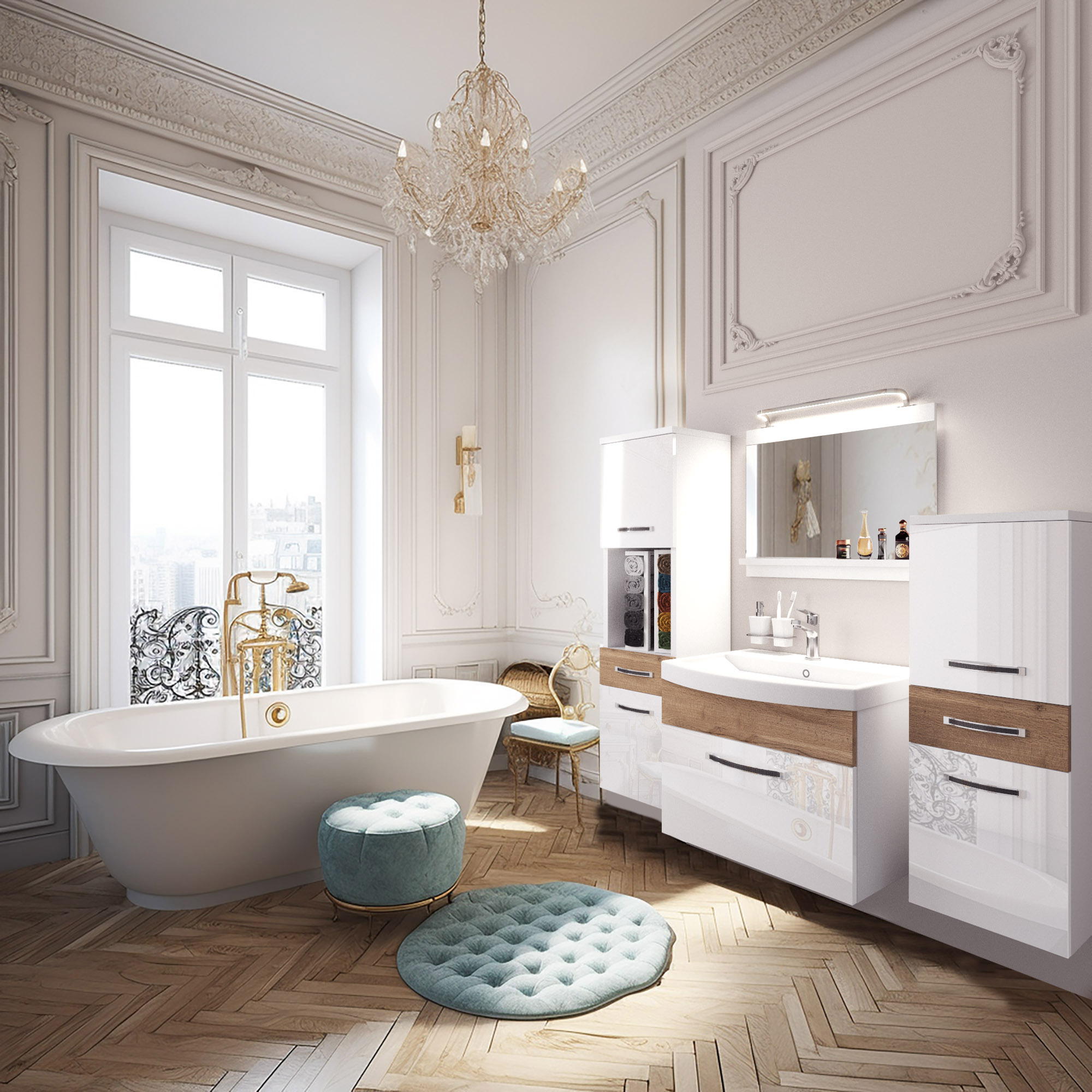Bad mit freistehender Wanne und weißen Hochglanzmöbeln