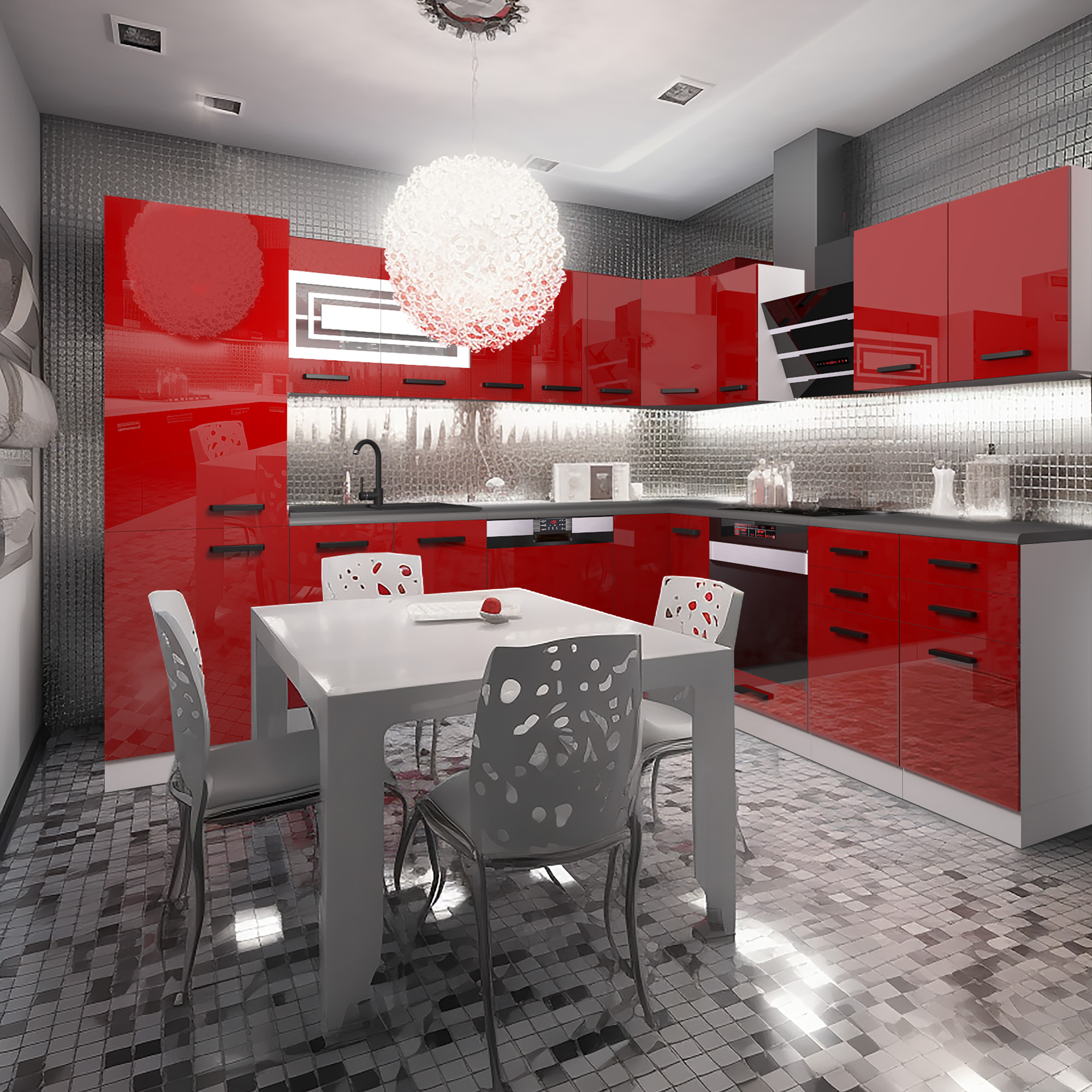 Rote Hochglanzküche mit silbernem Mosaik und LED-Licht