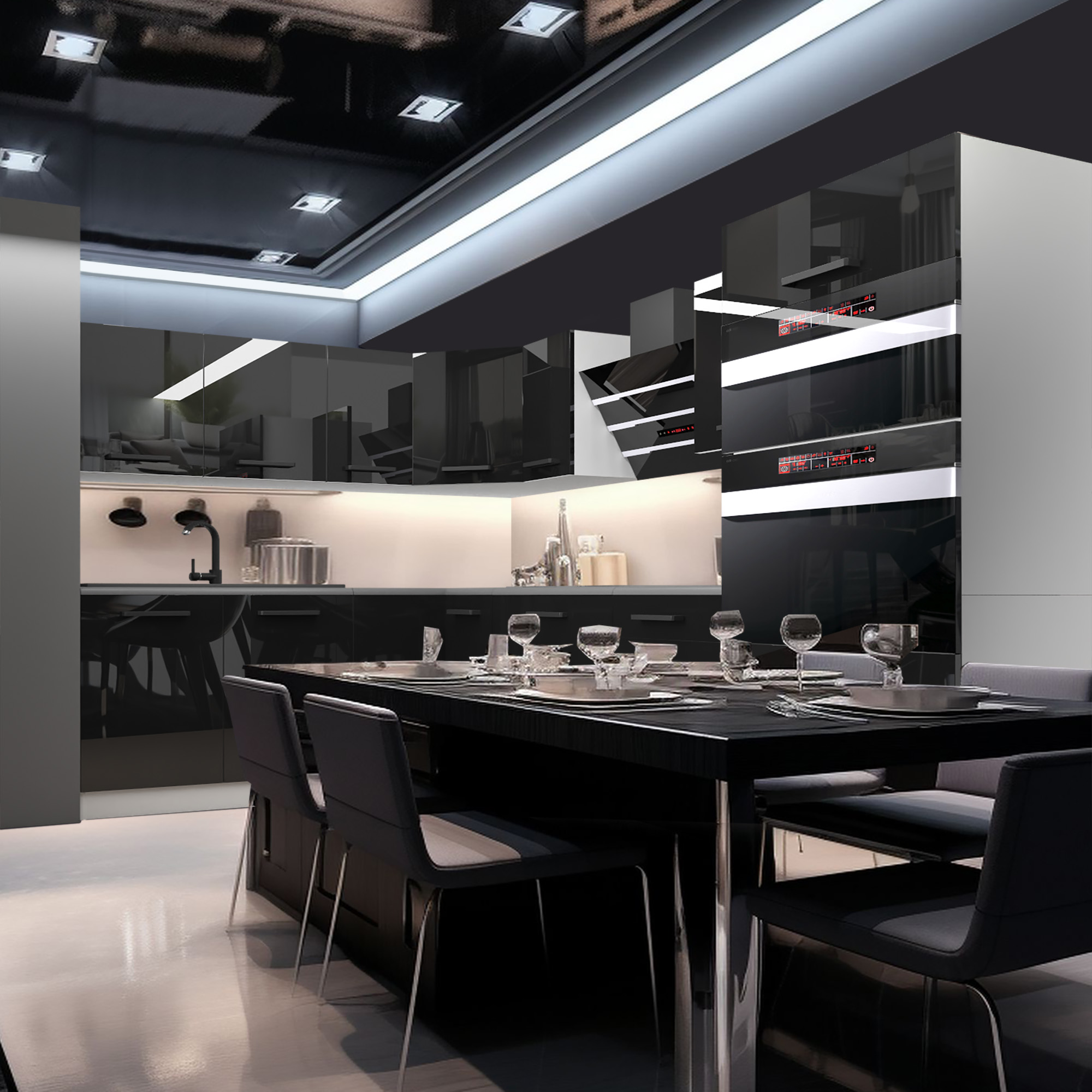 Schwarze Hochglanzküche mit LED und gedecktem Esstisch
