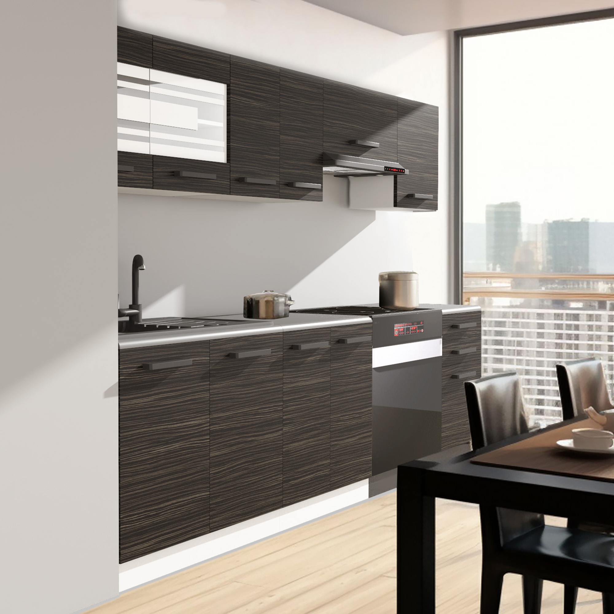 Küchenzeile in dunkler Holzoptik mit Cityblick