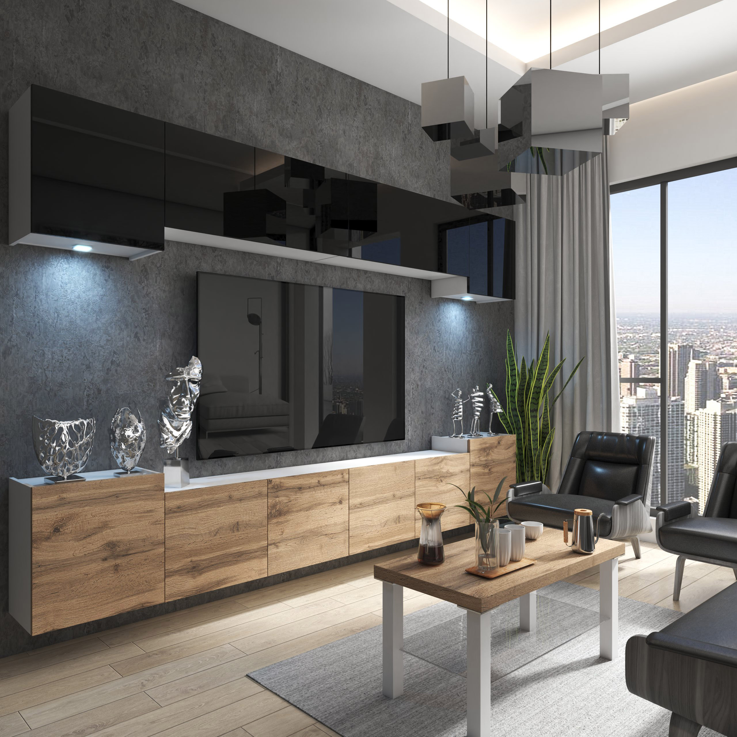 Wohnwand mit Schwarzglas und Holz, Tisch und Stadtblick