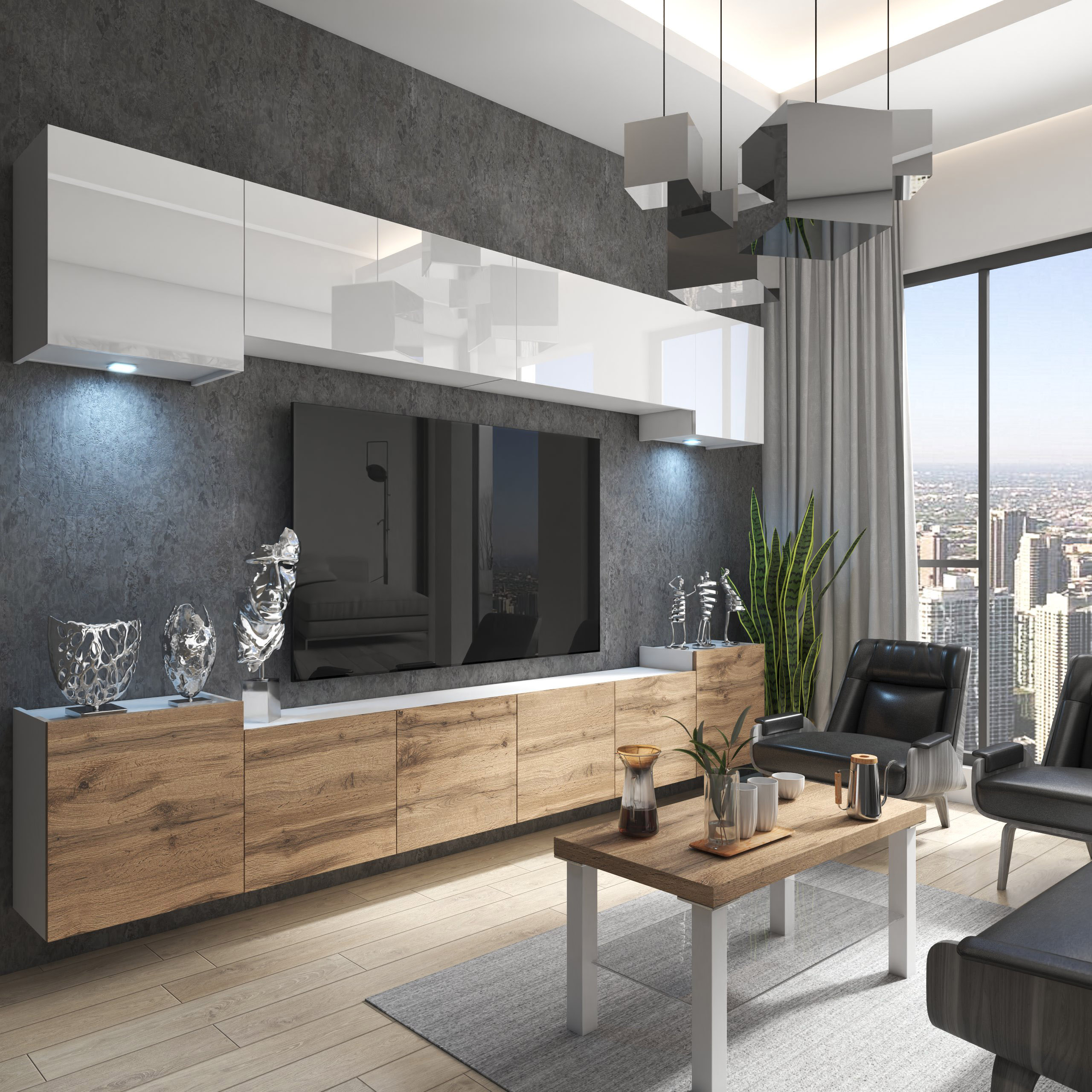 Wohnzimmer mit TV-Wand, Holzsideboard und Skylineblick