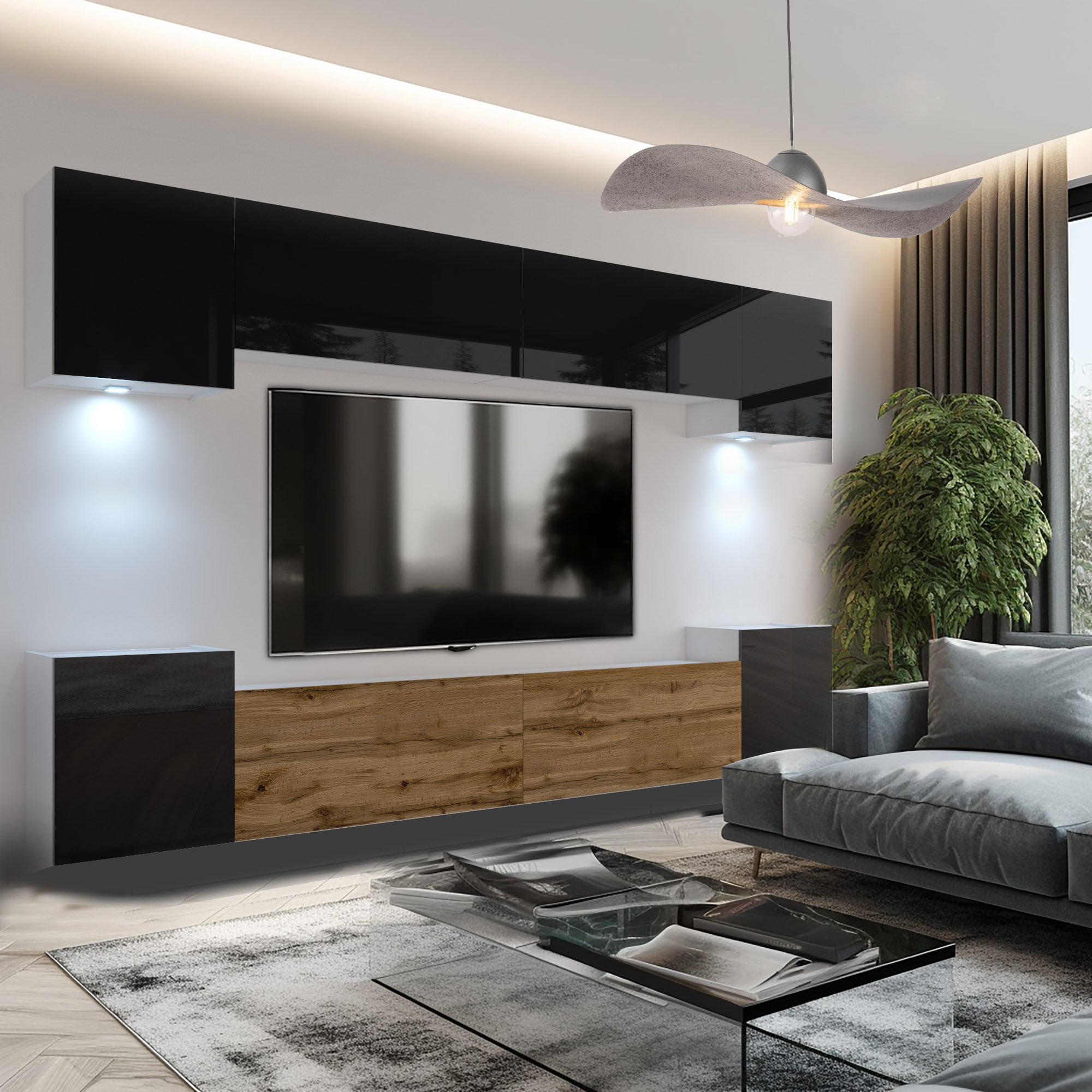 TV-Wand in Schwarz und Eiche, graues Sofa, Glastisch