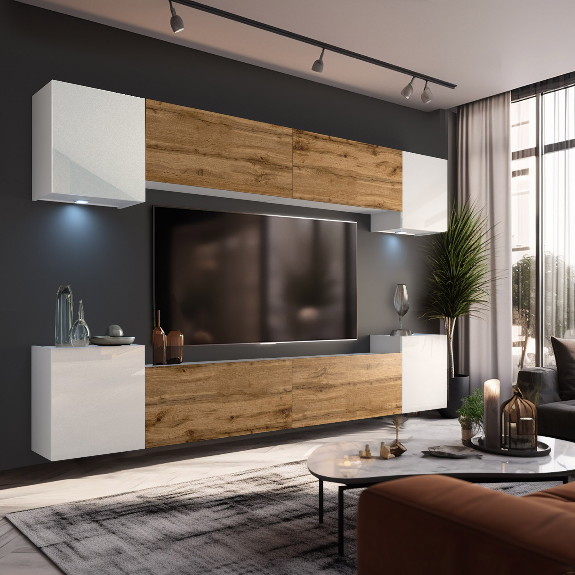 Wohnwand in Weiß und Eiche mit TV, graue Wand, LED