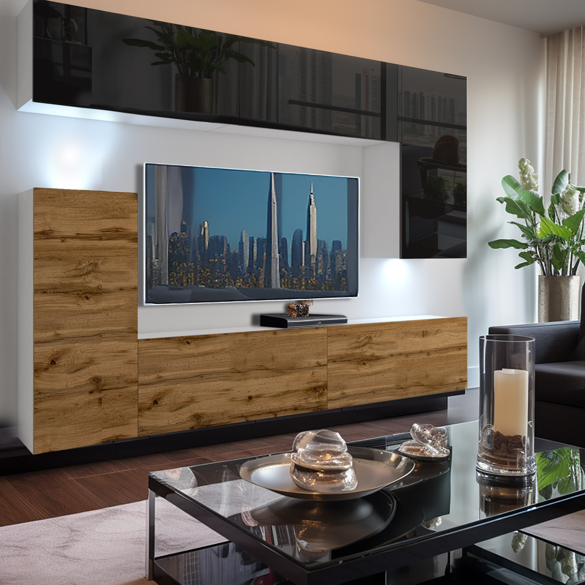 TV-Wand aus Holzdekor mit schwarzen Hochglanzfronten