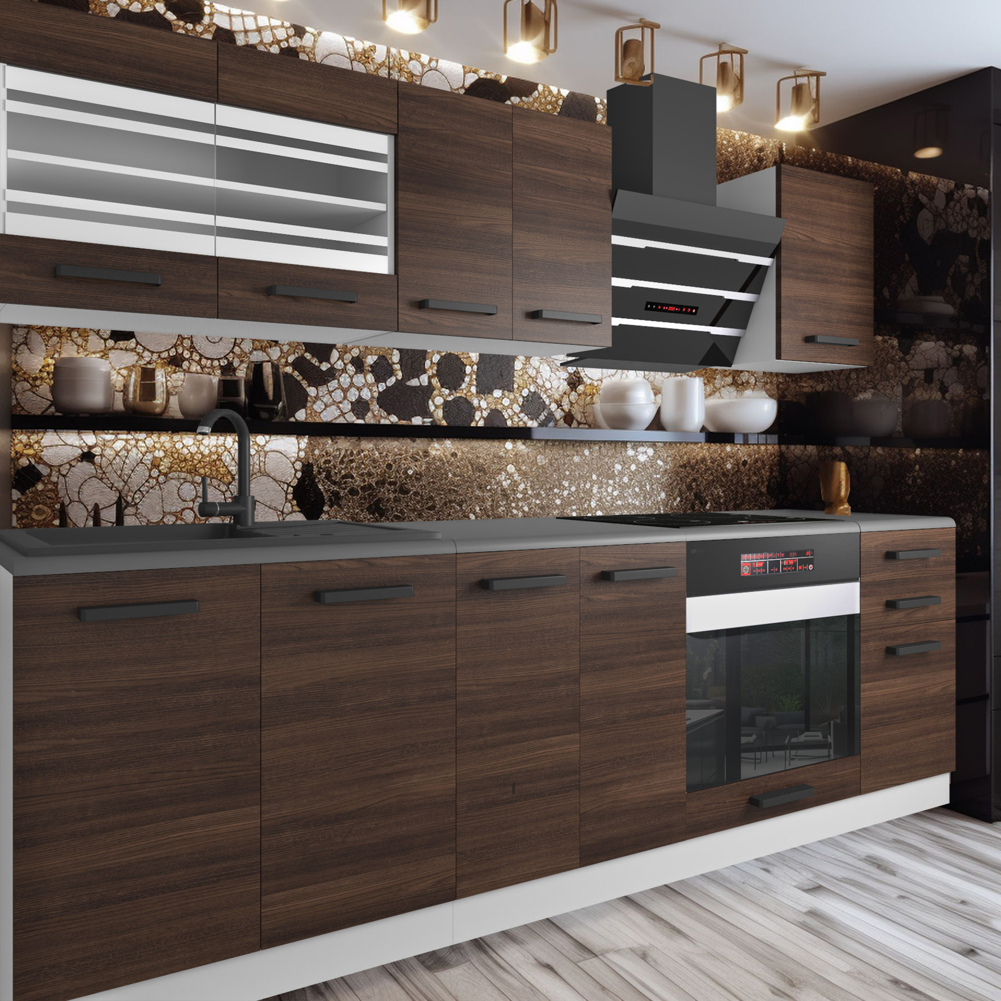 Küche mit dunklem Holz und goldener Mosaik-Rückwand