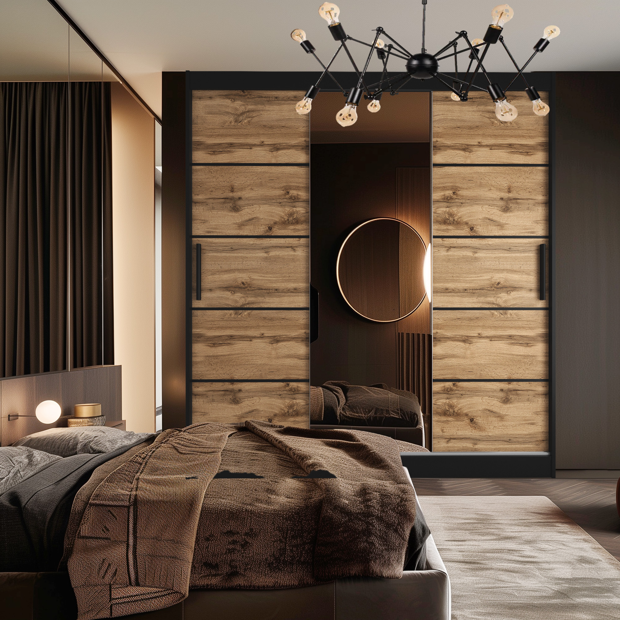 Schlafzimmer mit Holzschrank, Spiegel und warmem Licht