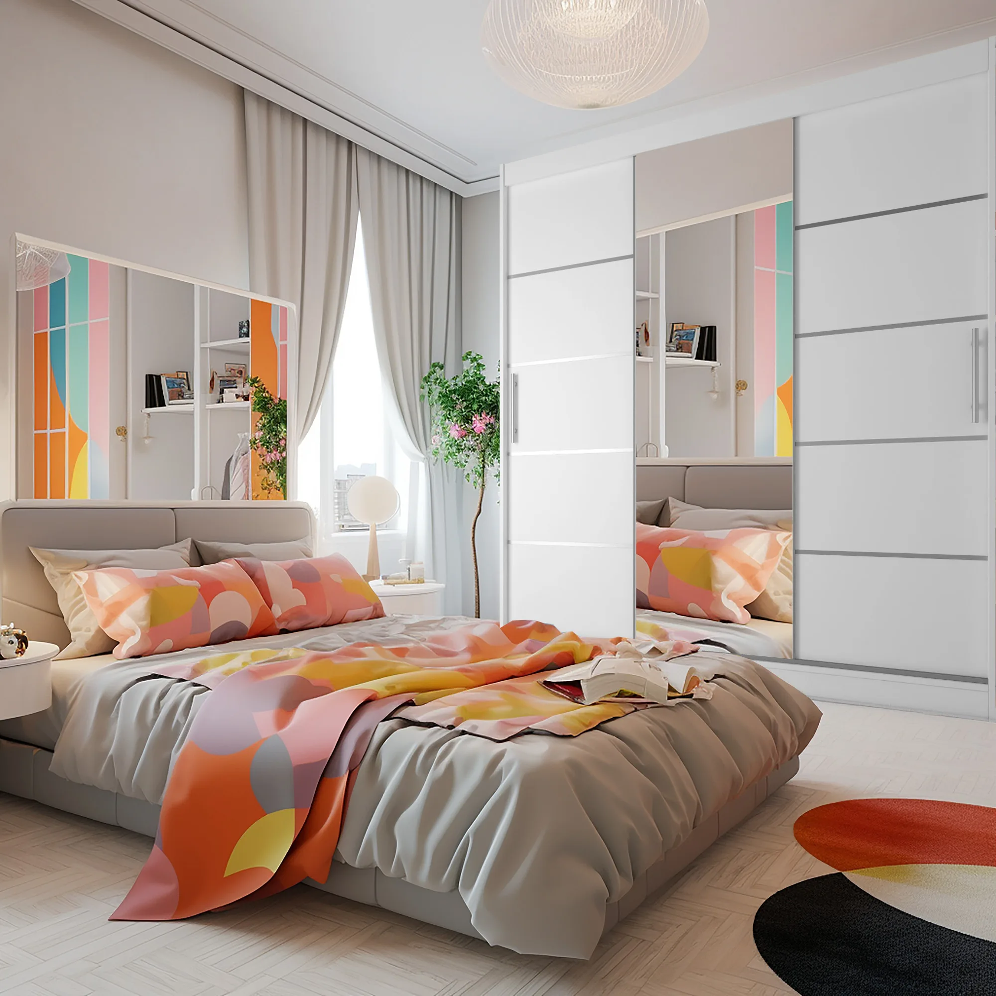 Helles Schlafzimmer mit Spiegel-Schrank und bunter Bettwäsche