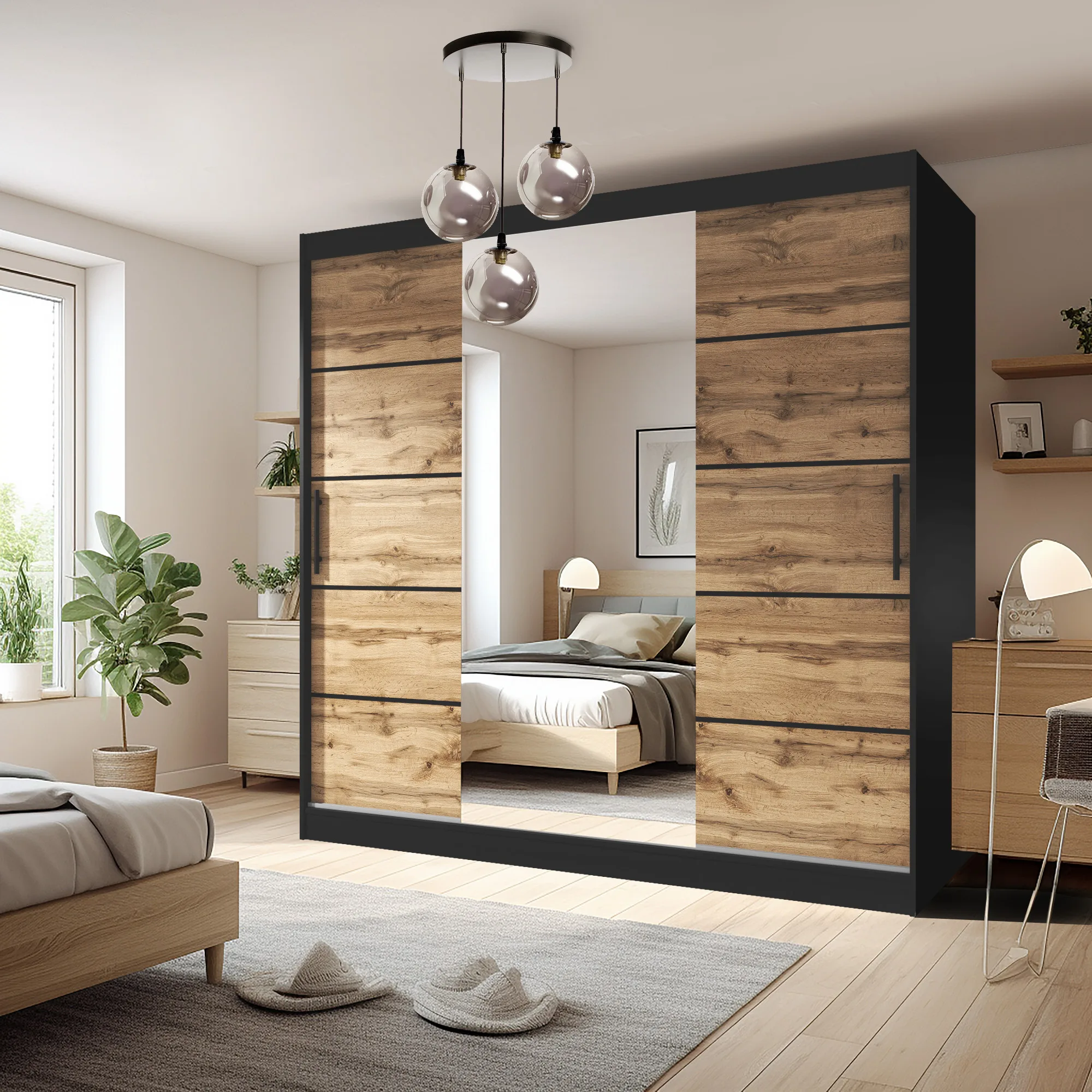 Gemütliches Schlafzimmer mit Spiegelschrank in Eiche