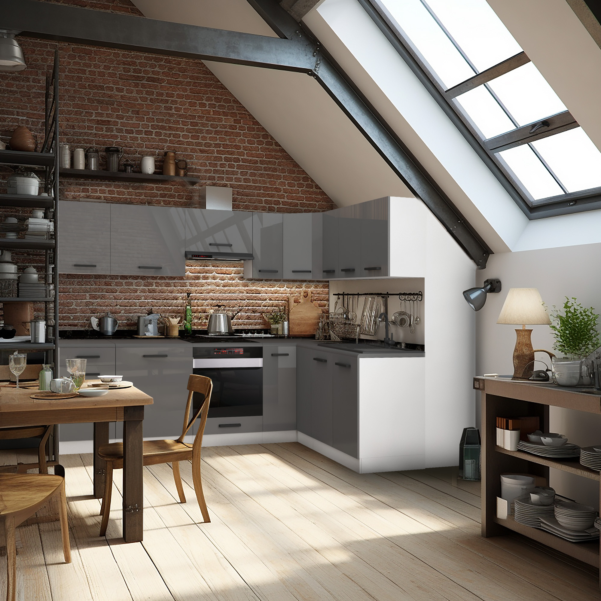 Loft-Küche mit Ziegelwand und grauen Hochglanzfronten