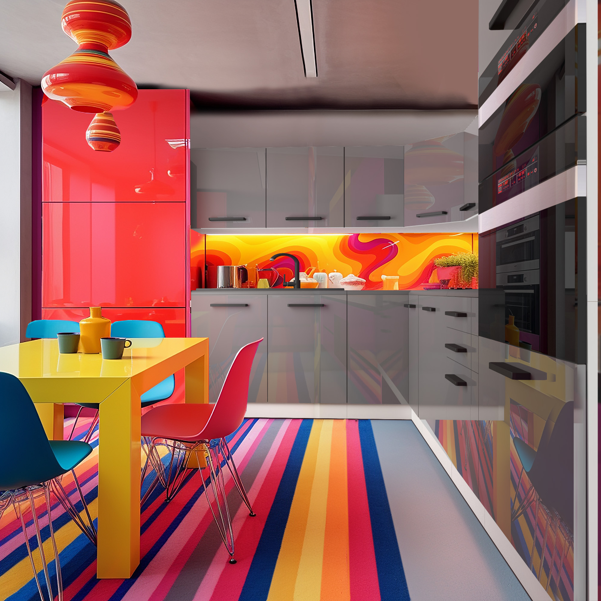 Bunte Küche: graue Fronten, gelber Tisch, leuchtendes Panel