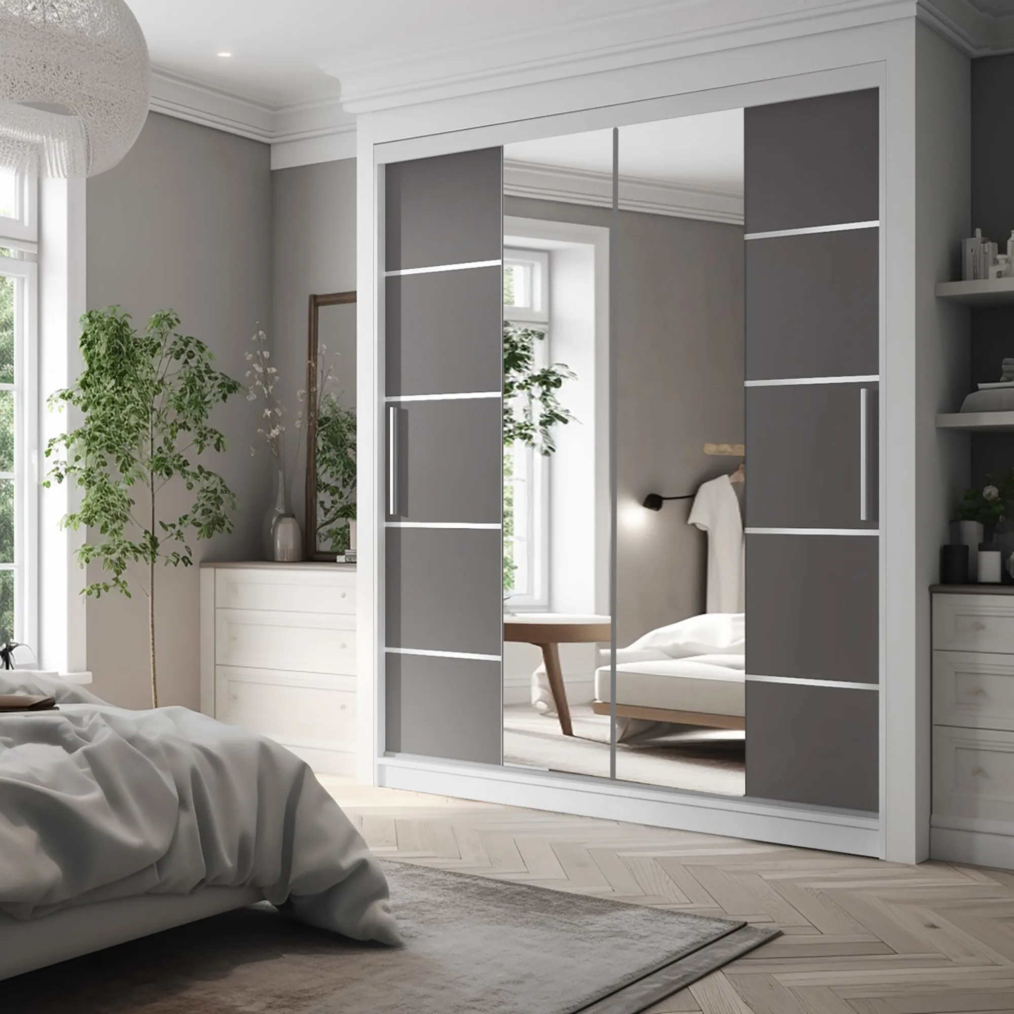 Schlafzimmer mit grauem Spiegelschrank und Fischgrätboden
