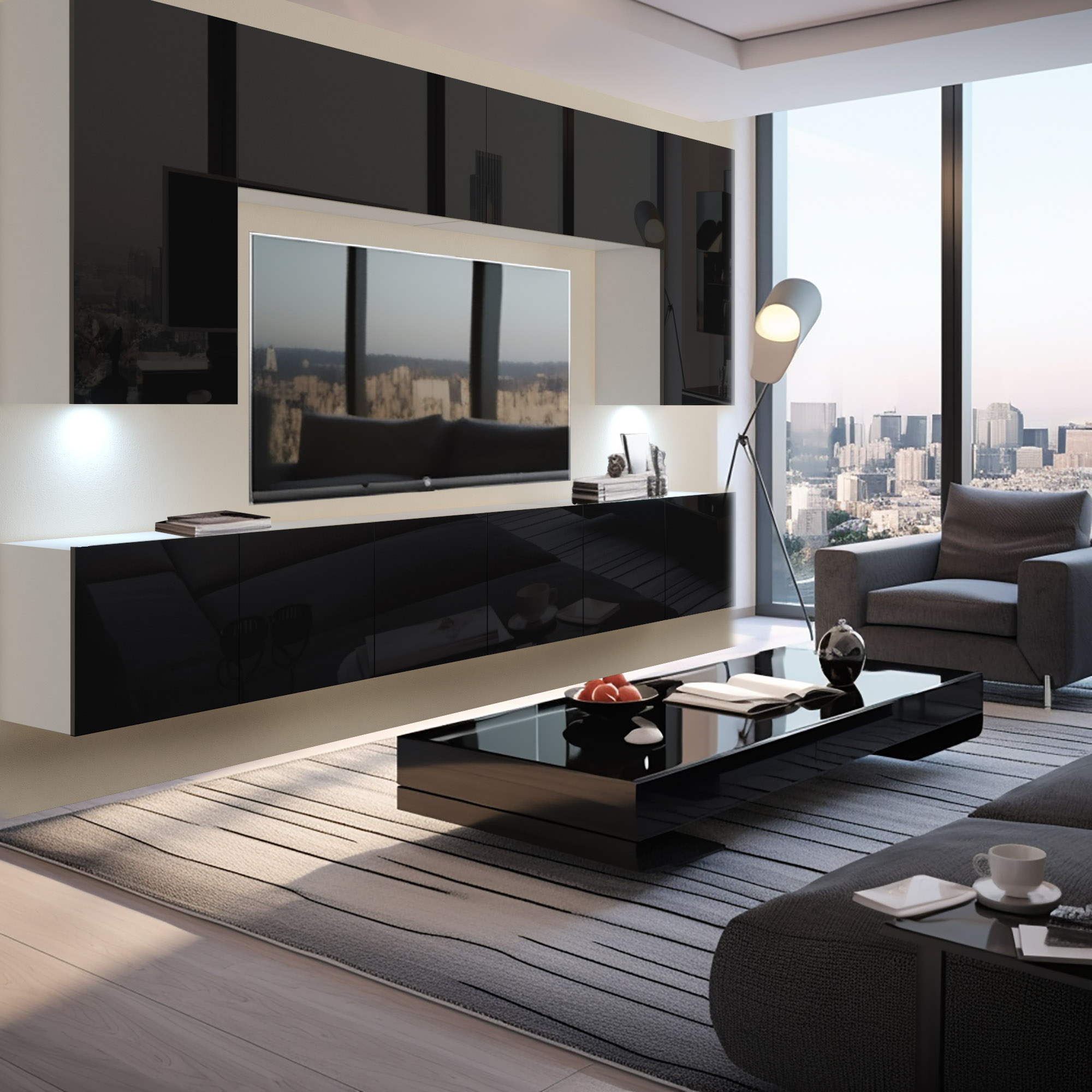 Schwarzes TV‑Wohnset mit Couchtisch vor Stadtpanorama