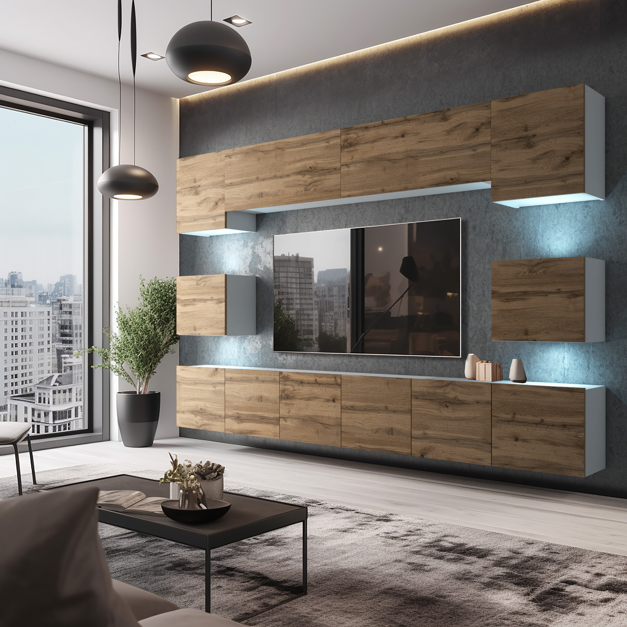 Schwebende Wohnwand in Holzoptik mit LED im Wohnzimmer