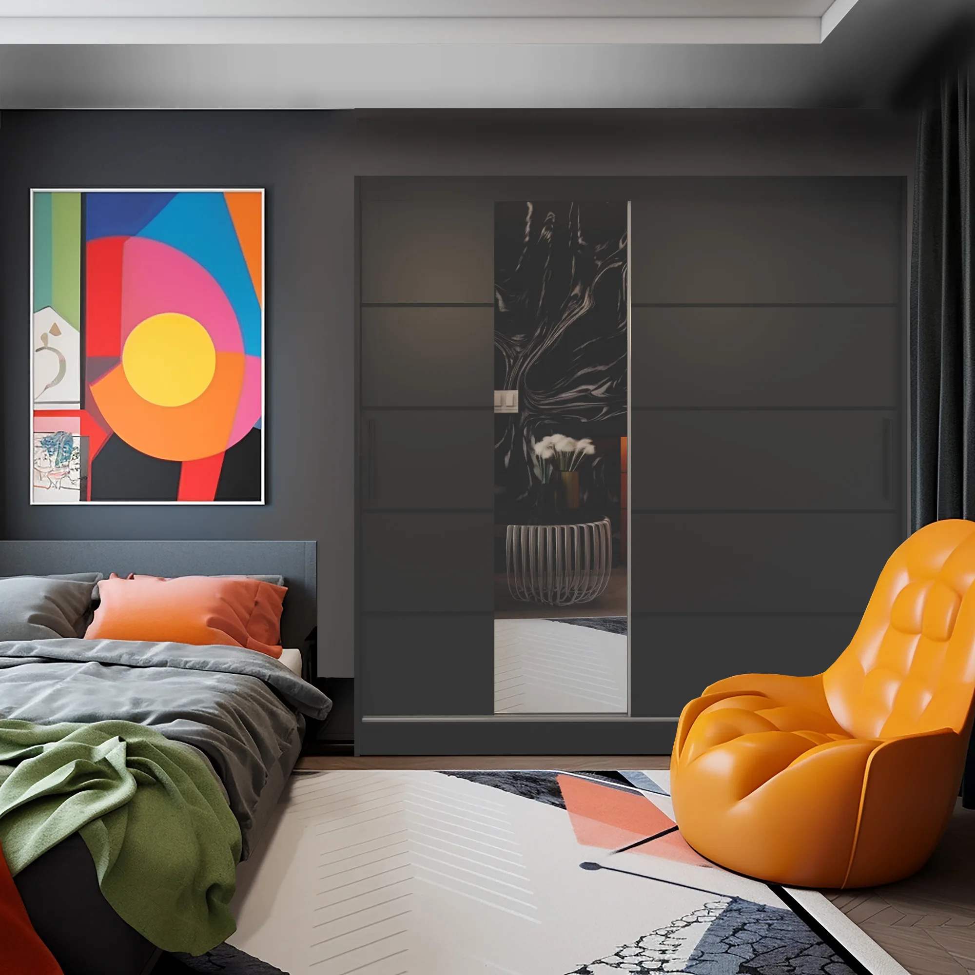 Schlafzimmer mit grauem Schrank und orangem Sessel