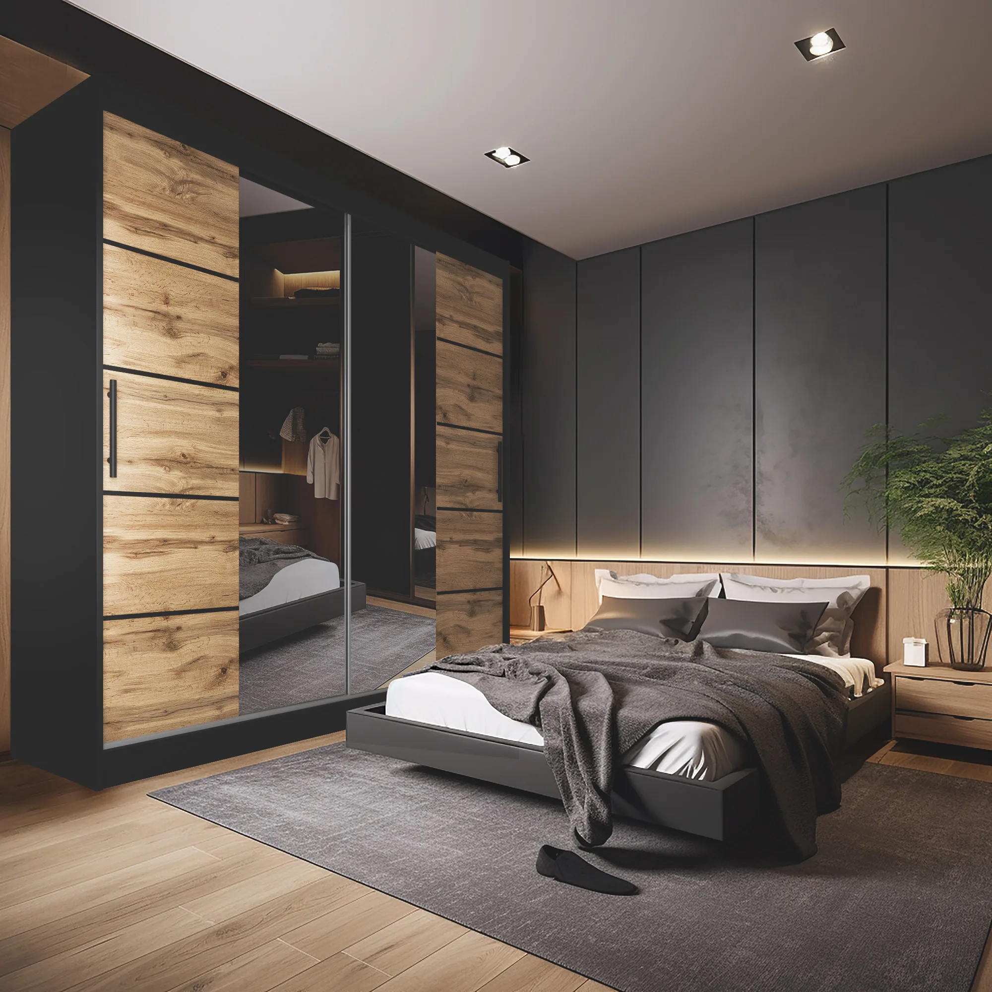 Schlafzimmer mit Holz-Schiebetürschrank und grauem Bett