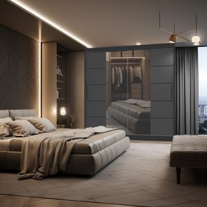 Schlafzimmer mit Polsterbett und grauem Schiebetürschrank