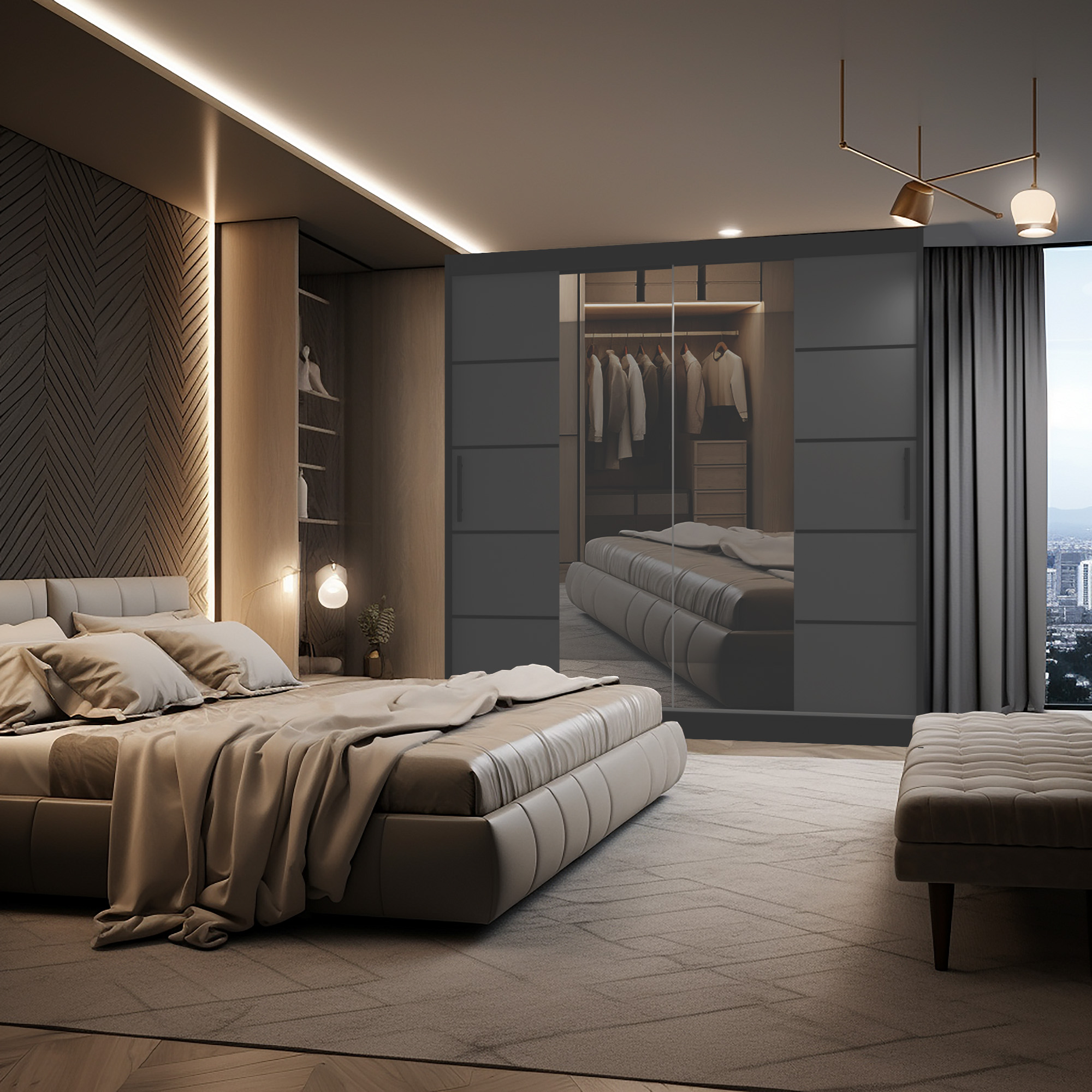 Schlafzimmer mit Polsterbett und grauem Schiebetürschrank