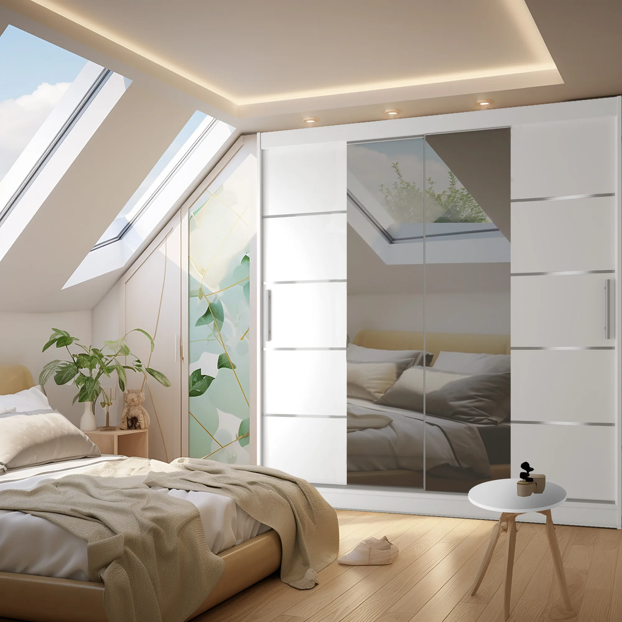 Helles Dachschlafzimmer mit weißem Schwebetürenschrank