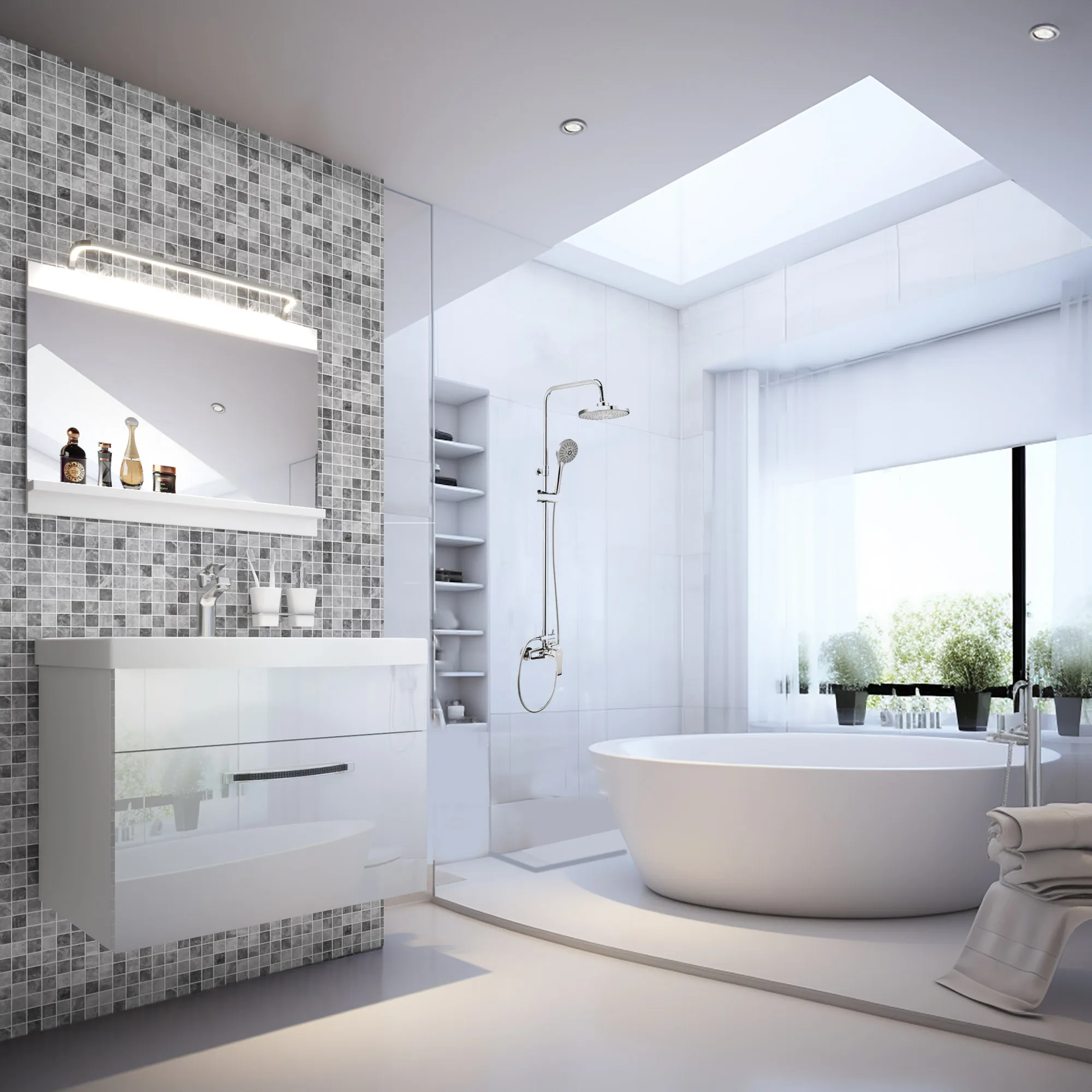 Helles Bad mit Wanne, Mosaikwand und schwebendem Waschtisch