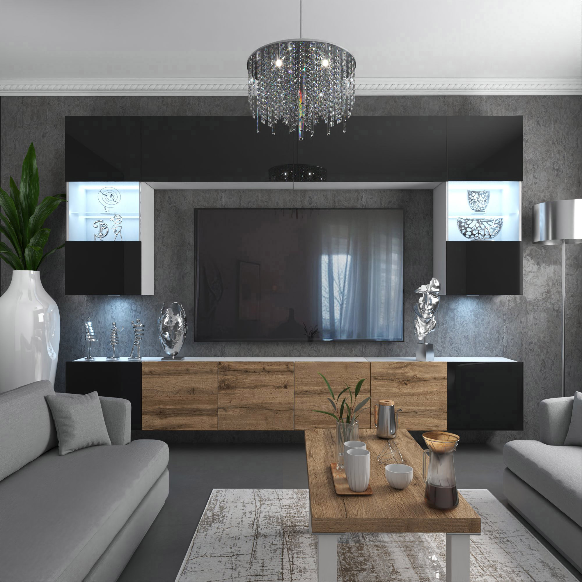Wohnzimmer mit schwarzer TV-Wand und Eichefronten