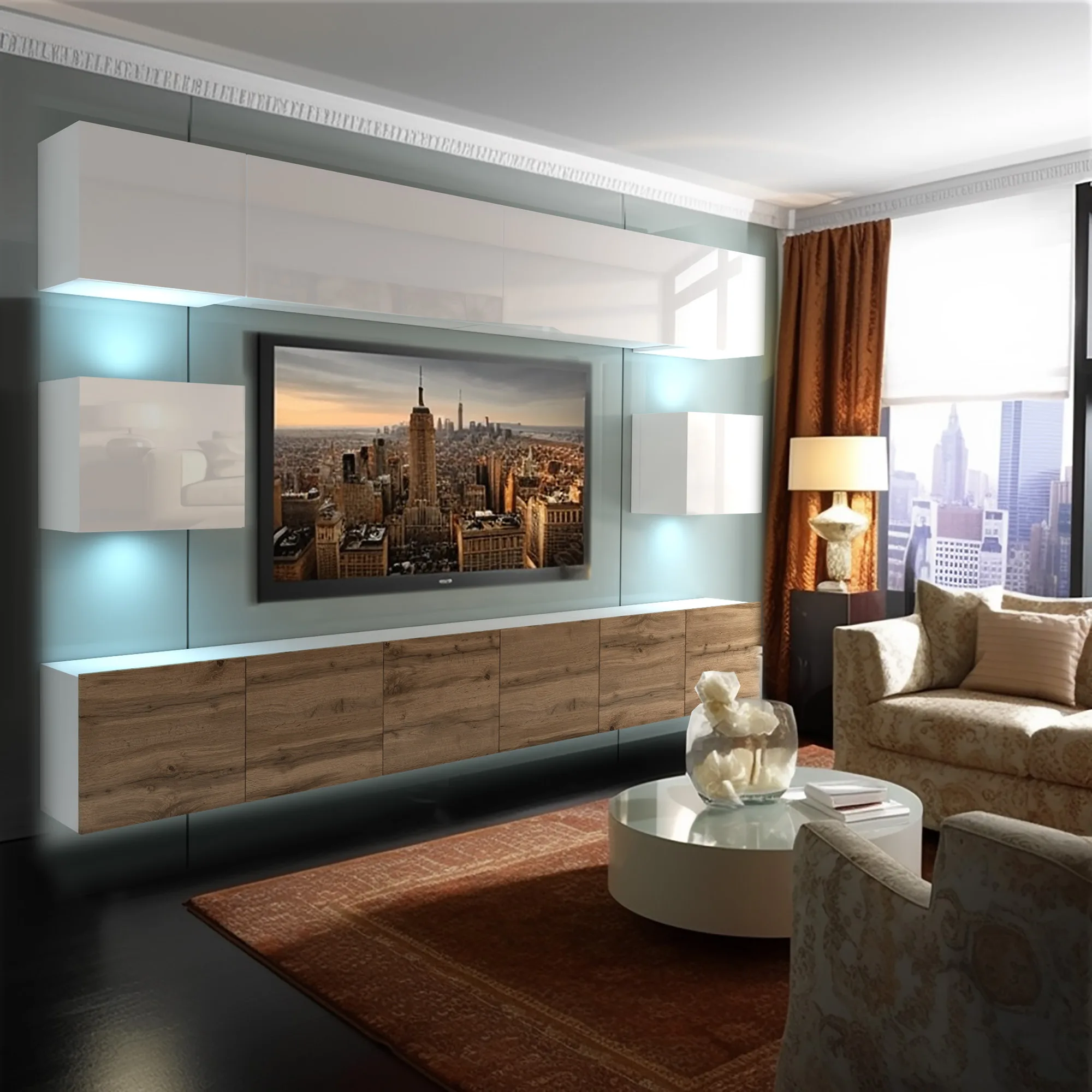 Wohnzimmer mit TV-Wand, Holzfront und LED-Licht