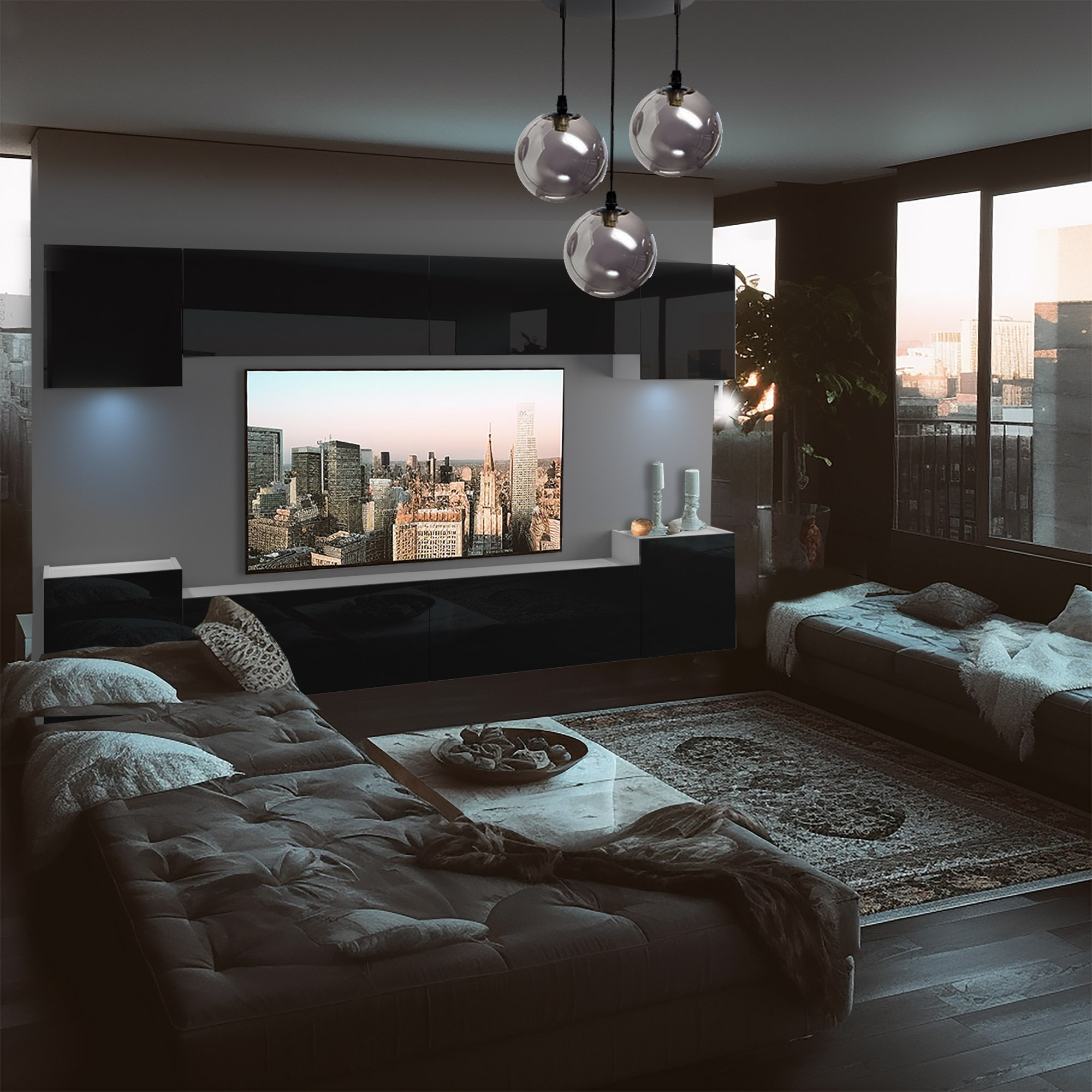 Dunkles Wohnzimmer mit glänzender TV-Wand und Sofa