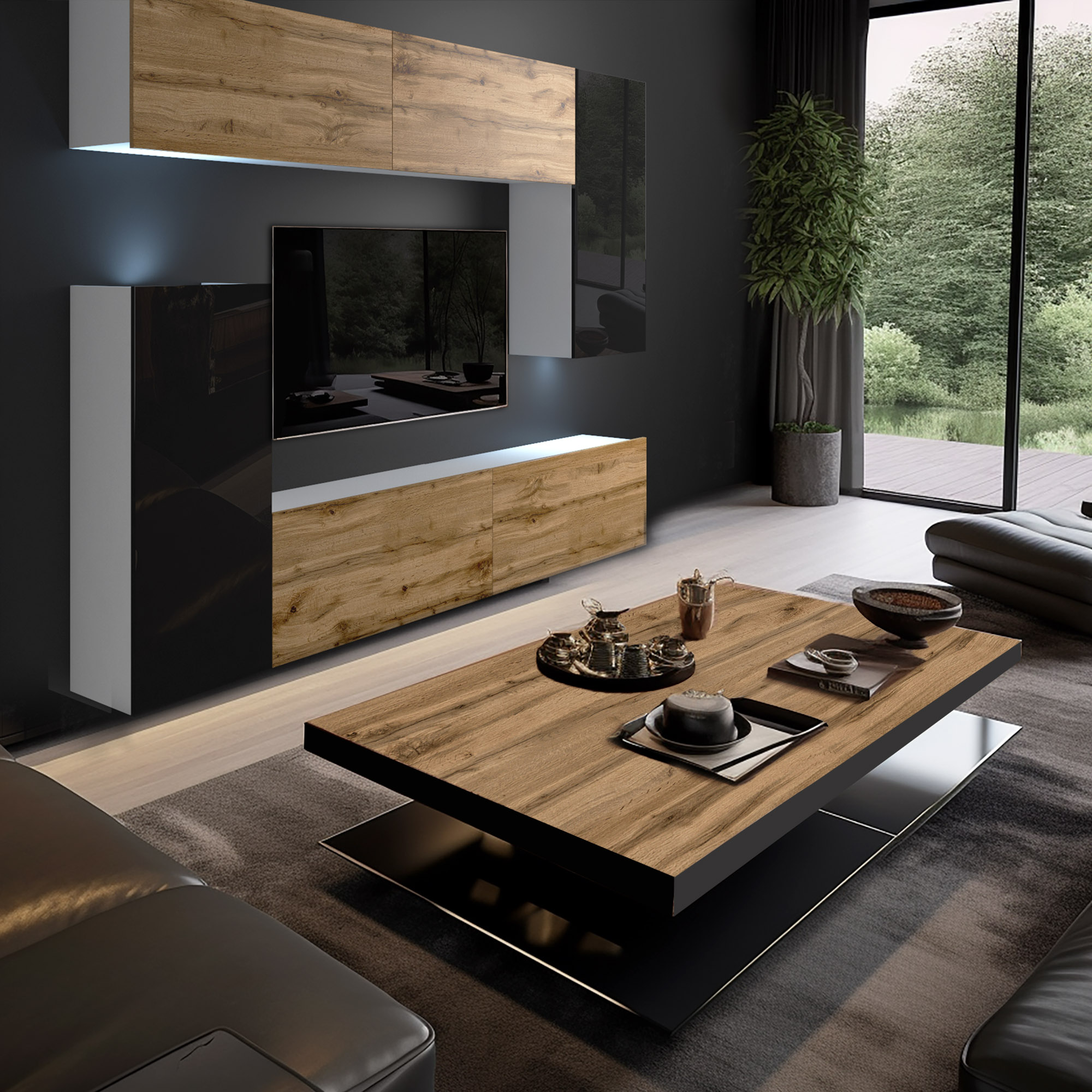 TV-Wand in Holz und Schwarz mit Couchtisch