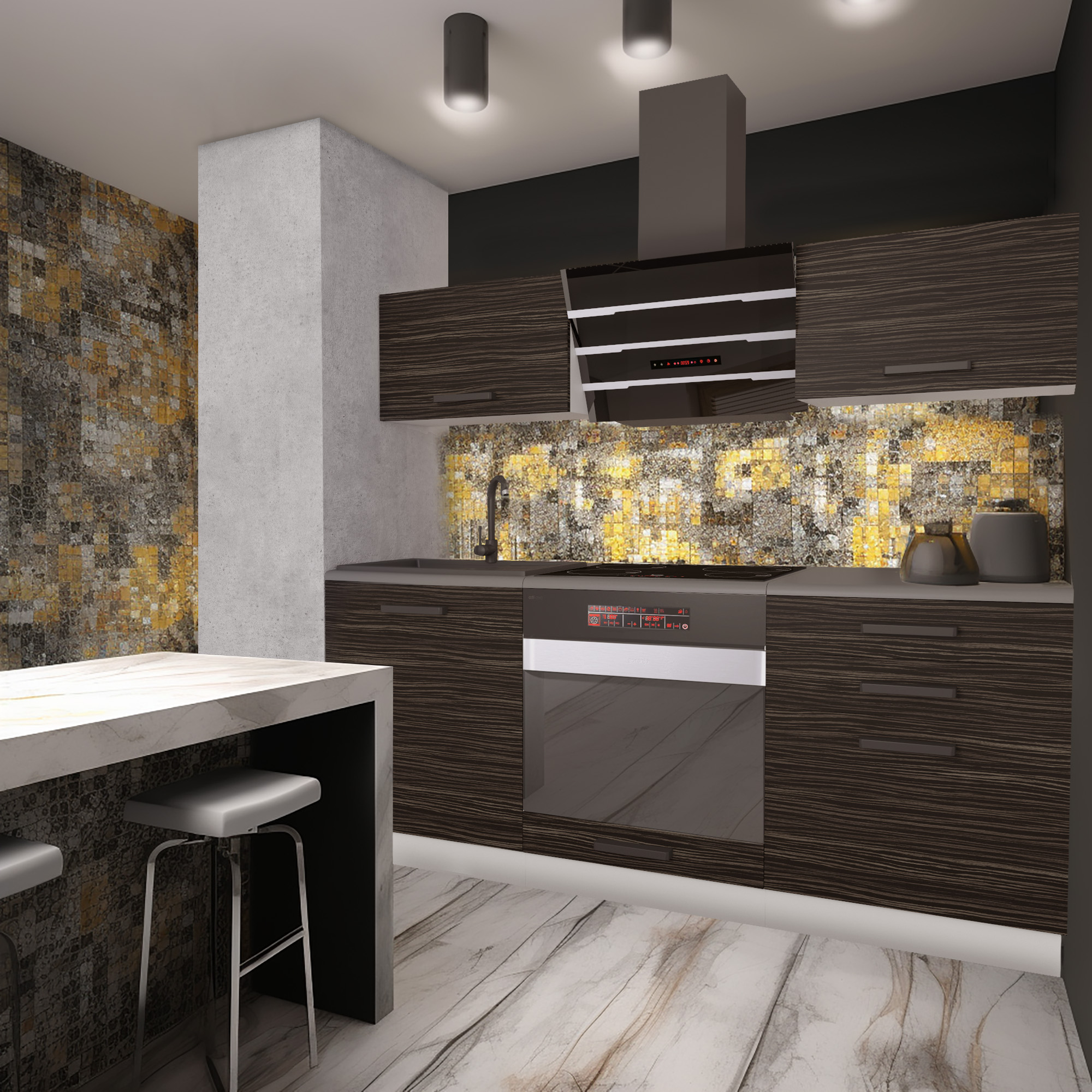 Dunkle Küchenzeile mit goldener Mosaikrückwand