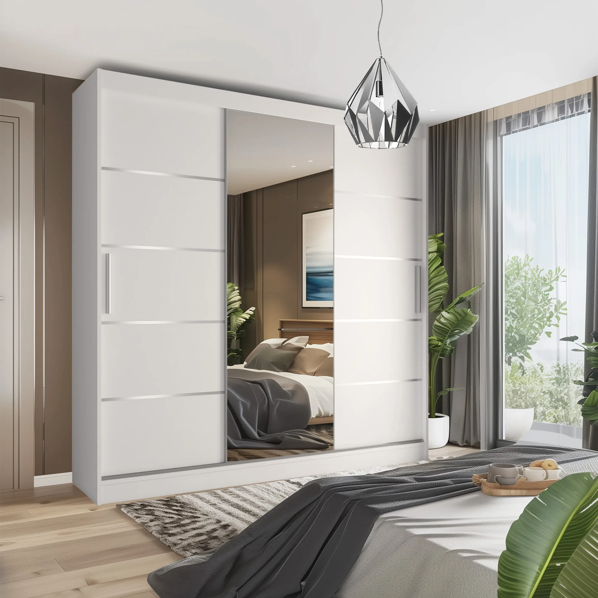 Schlafzimmer mit weißem Spiegelschrank und Tageslicht