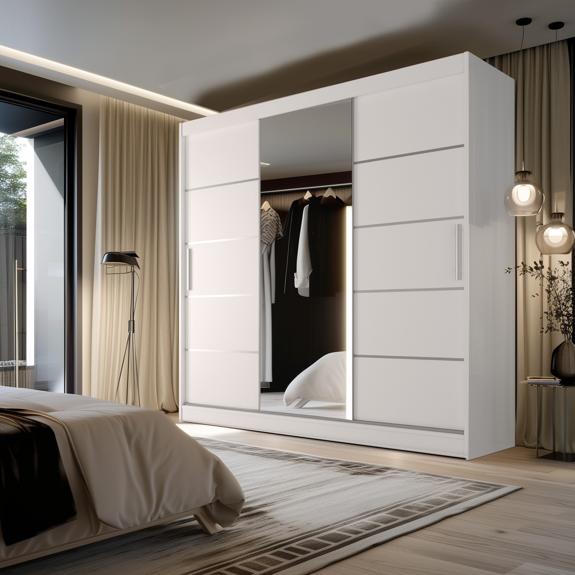 Schlafzimmer mit weißem Schwebetürenschrank und Spiegel