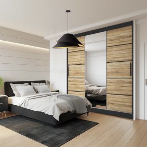 Schlafzimmer mit Eichen-Schrank und gepolstertem Bett